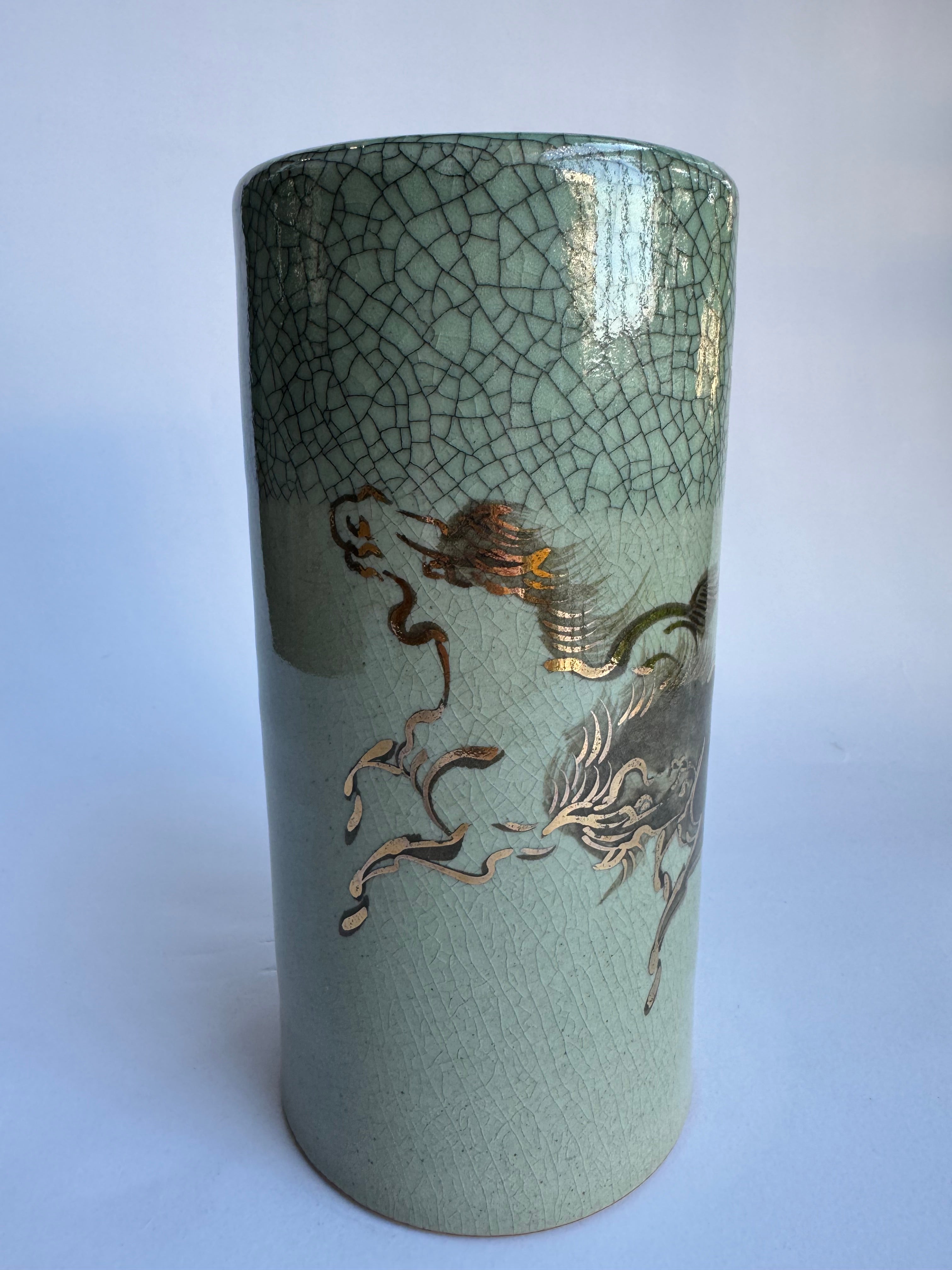 Set of 2 Vintage Soma-Yaki Vases- Crackle Celadon Glaze with Golden Running Horses | Japanese Pottery Decor