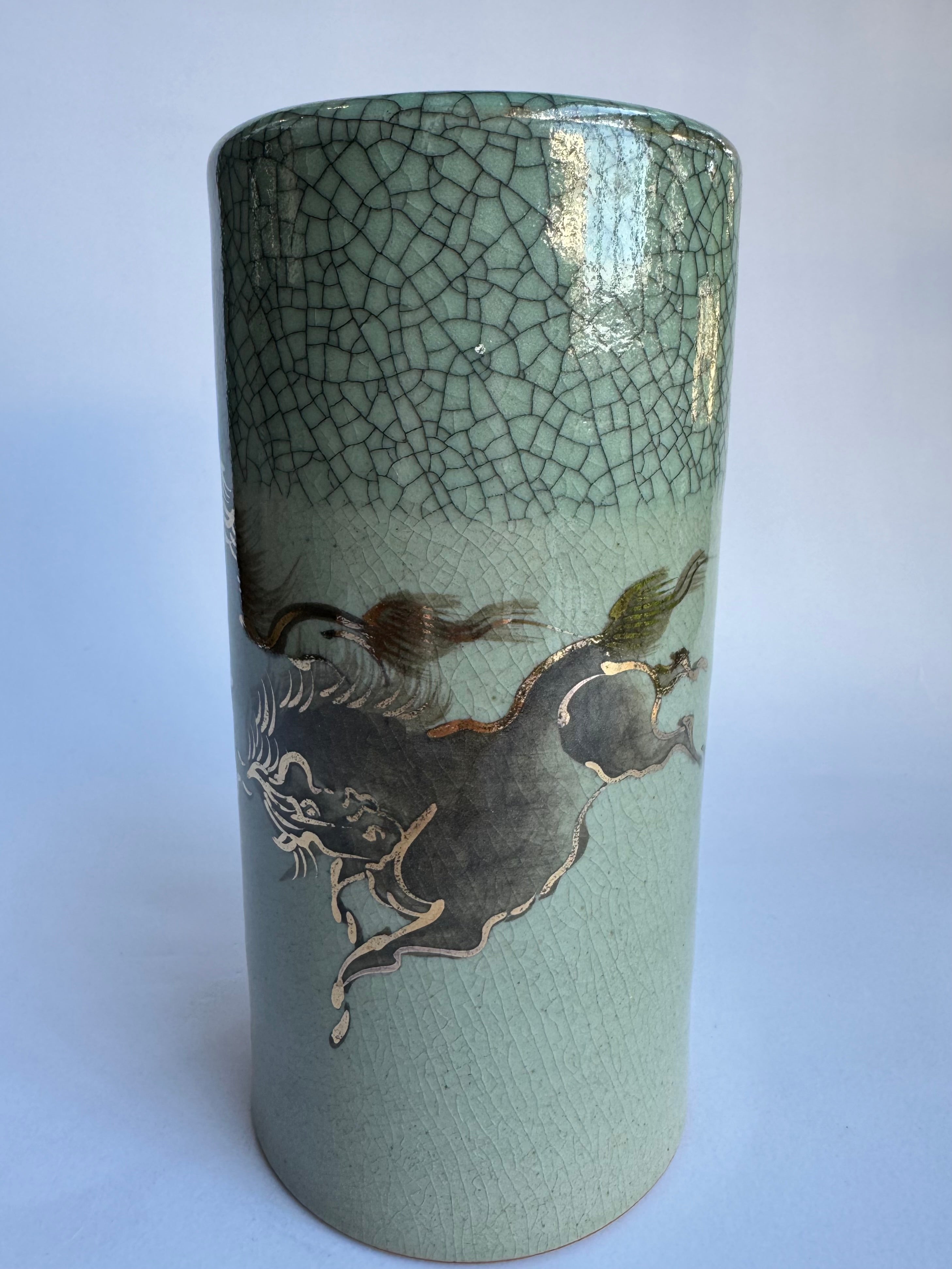 Set of 2 Vintage Soma-Yaki Vases- Crackle Celadon Glaze with Golden Running Horses | Japanese Pottery Decor