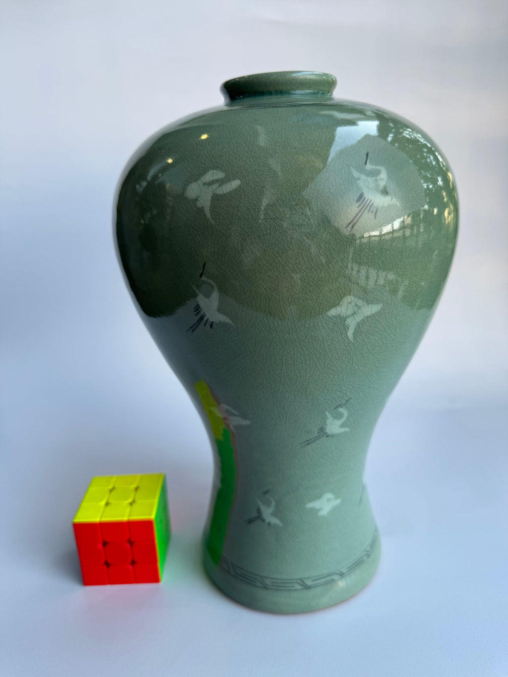 Korean Celadon Crane Vase | Handcrafted Vintage Green-Glaze Pottery