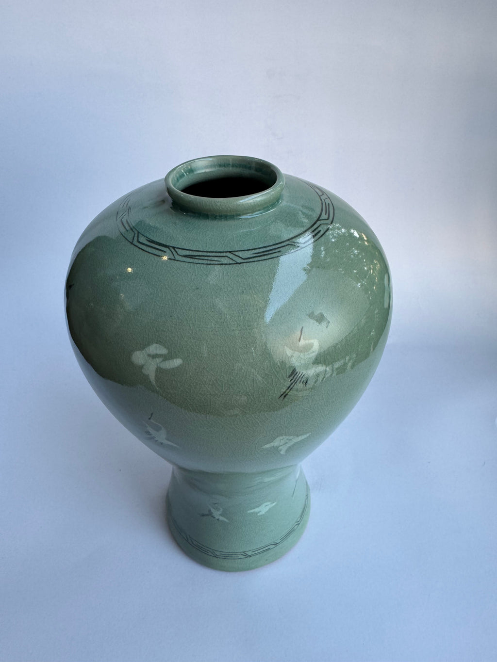 Korean Celadon Crane Vase | Handcrafted Vintage Green-Glaze Pottery
