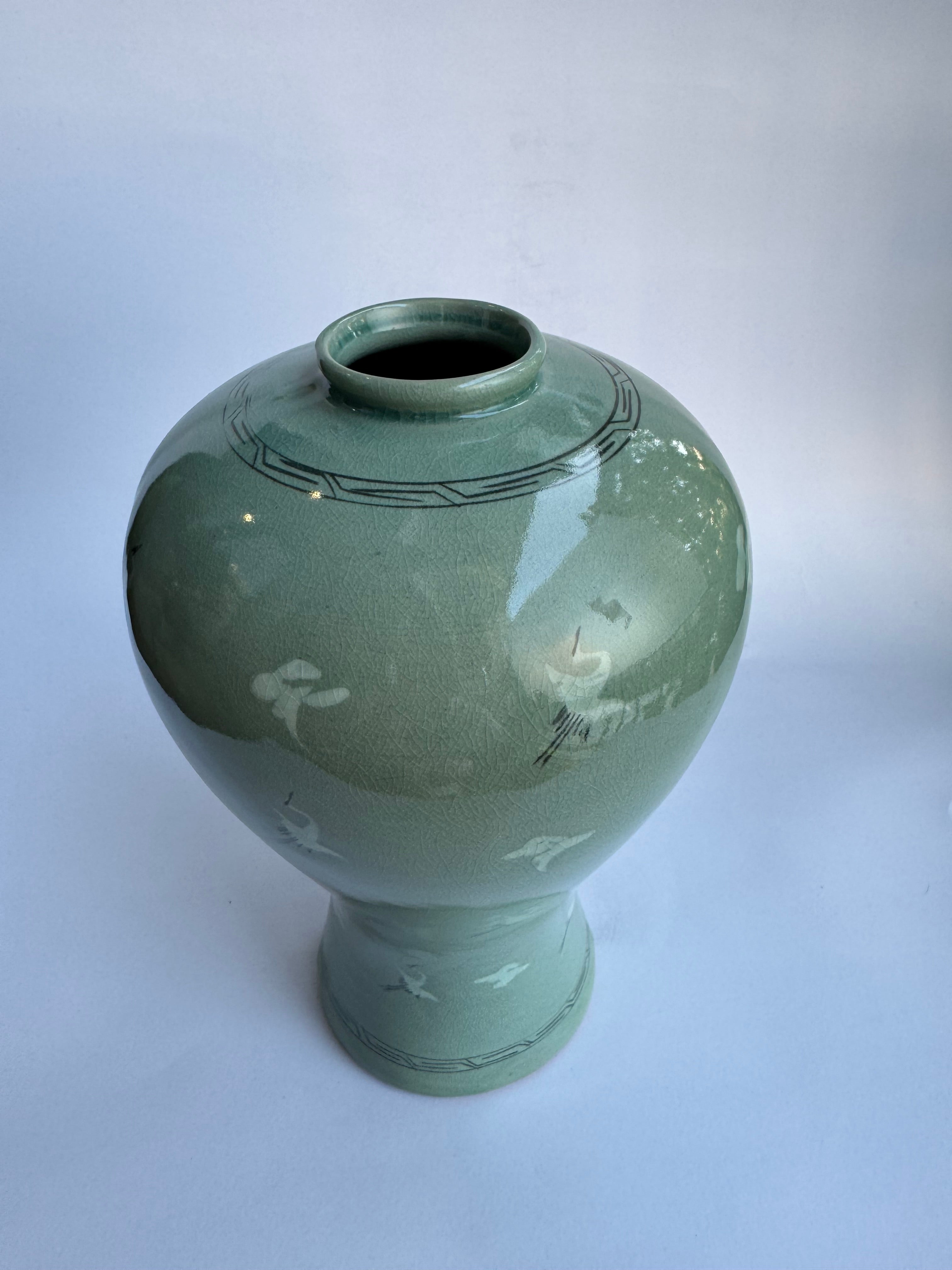 Korean Celadon Crane Vase | Handcrafted Vintage Green-Glaze Pottery