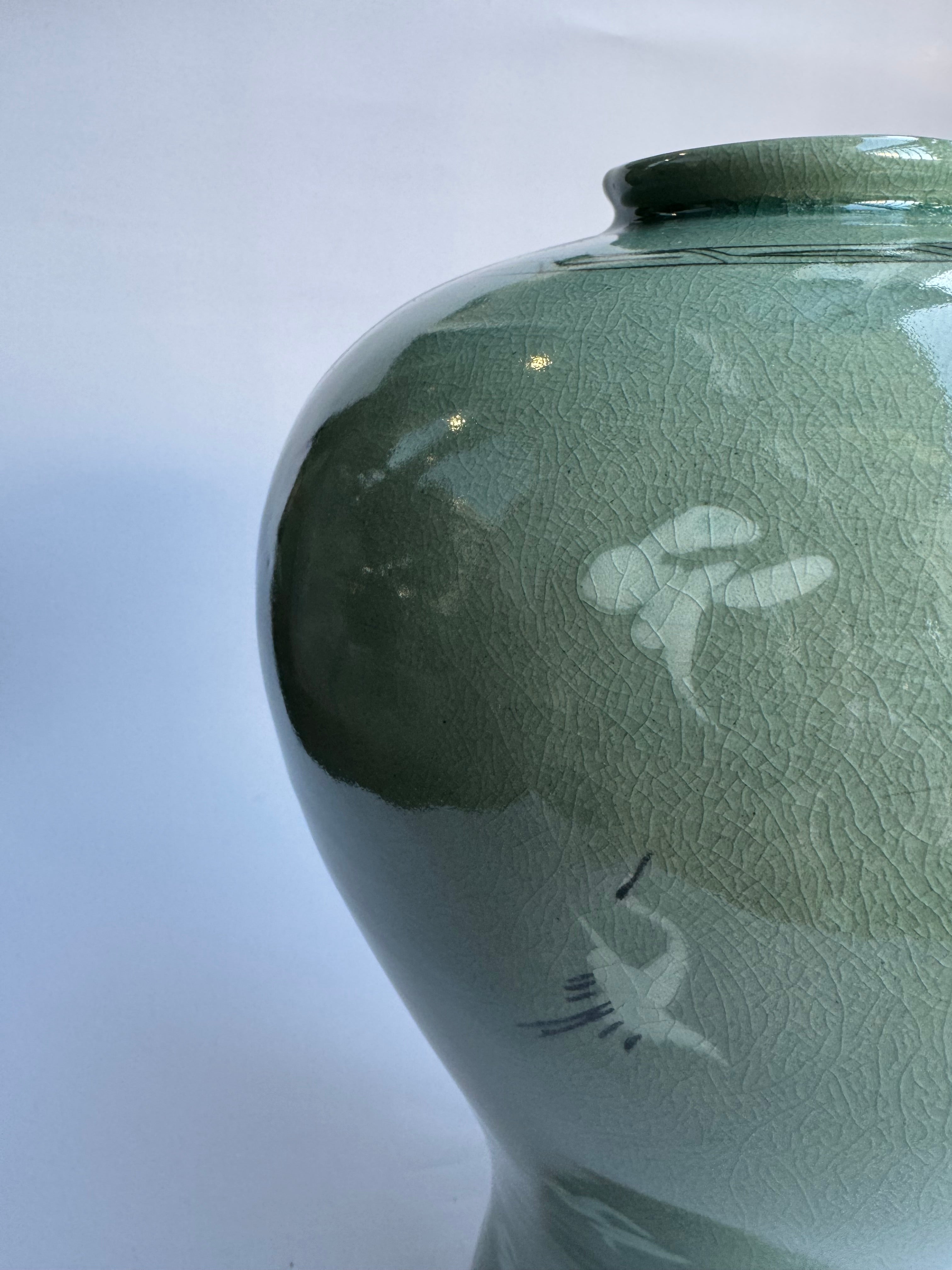 Korean Celadon Crane Vase | Handcrafted Vintage Green-Glaze Pottery