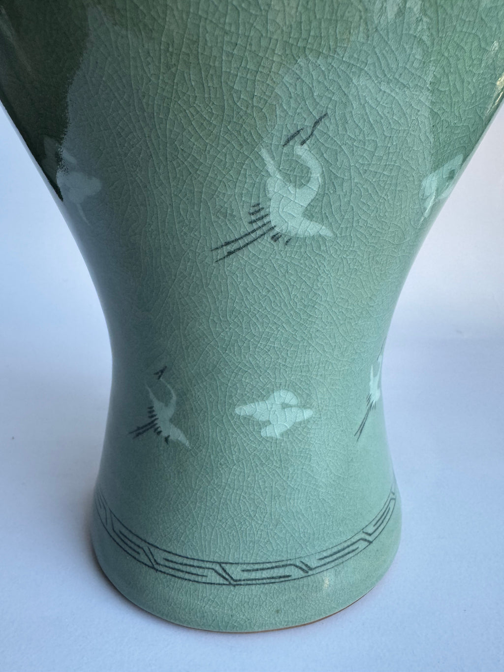 Korean Celadon Crane Vase | Handcrafted Vintage Green-Glaze Pottery