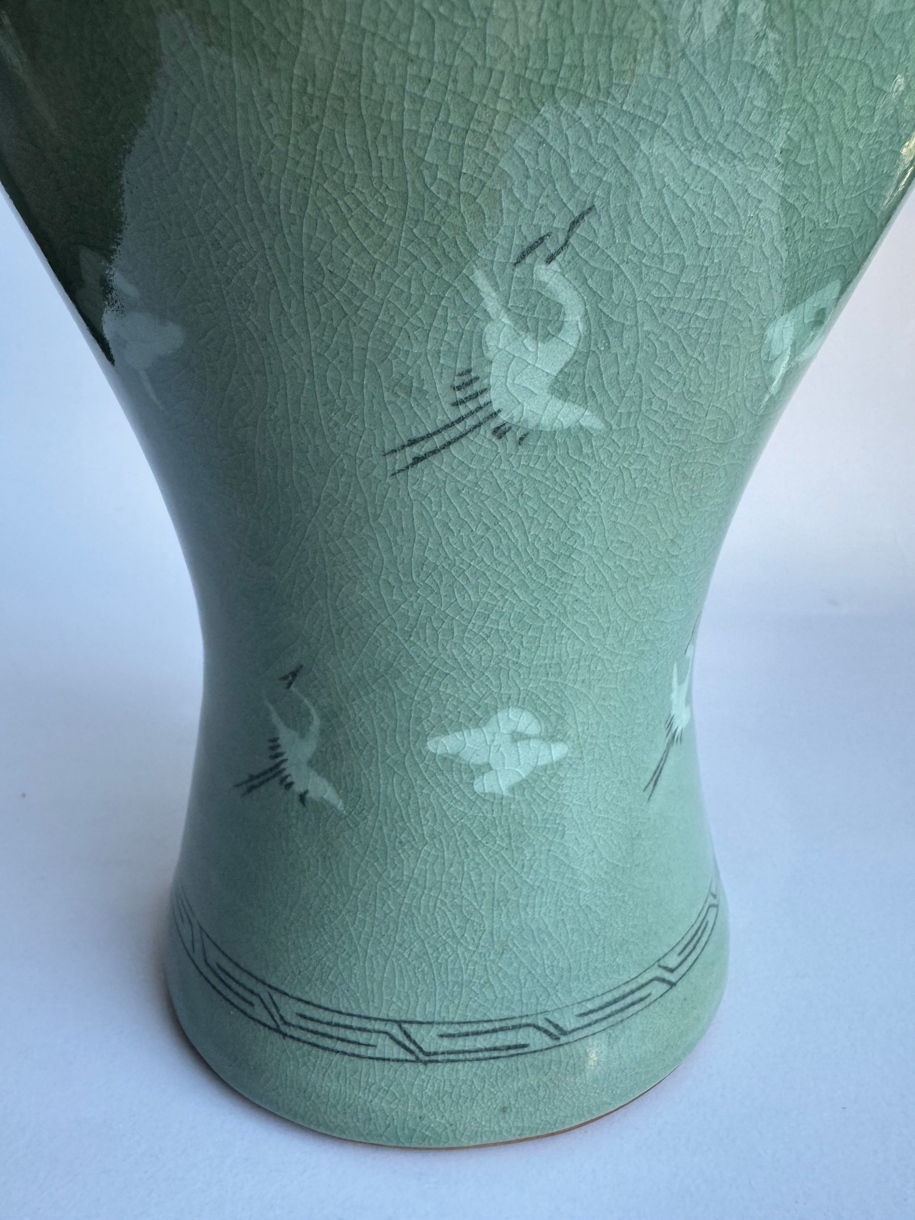 Korean Celadon Crane Vase | Handcrafted Vintage Green-Glaze Pottery