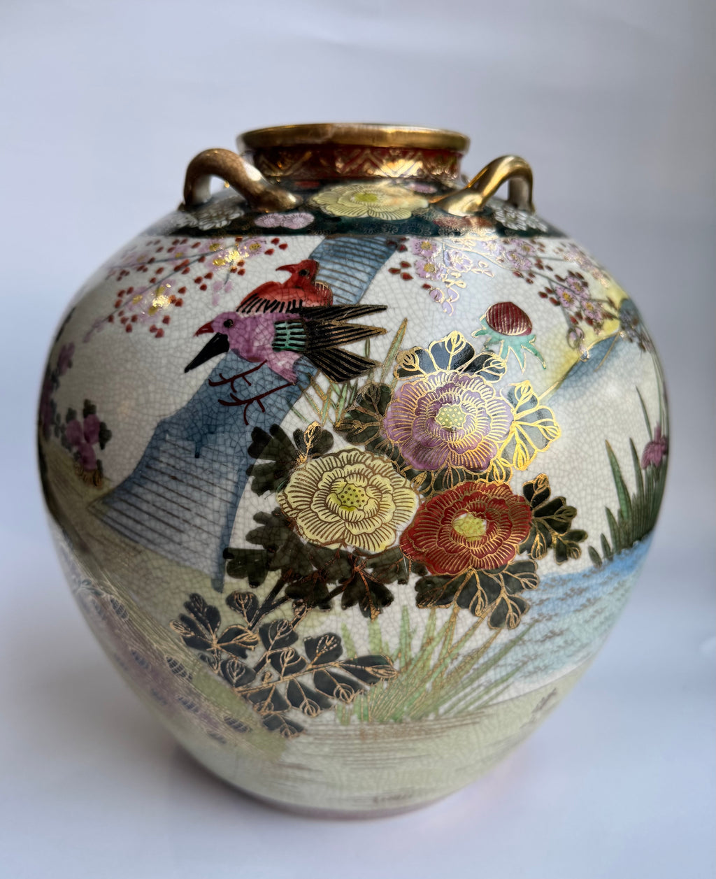 Satsuma Vase - Meiji-Style Japanese Pottery with Gold Gilt and Crackle Glaze