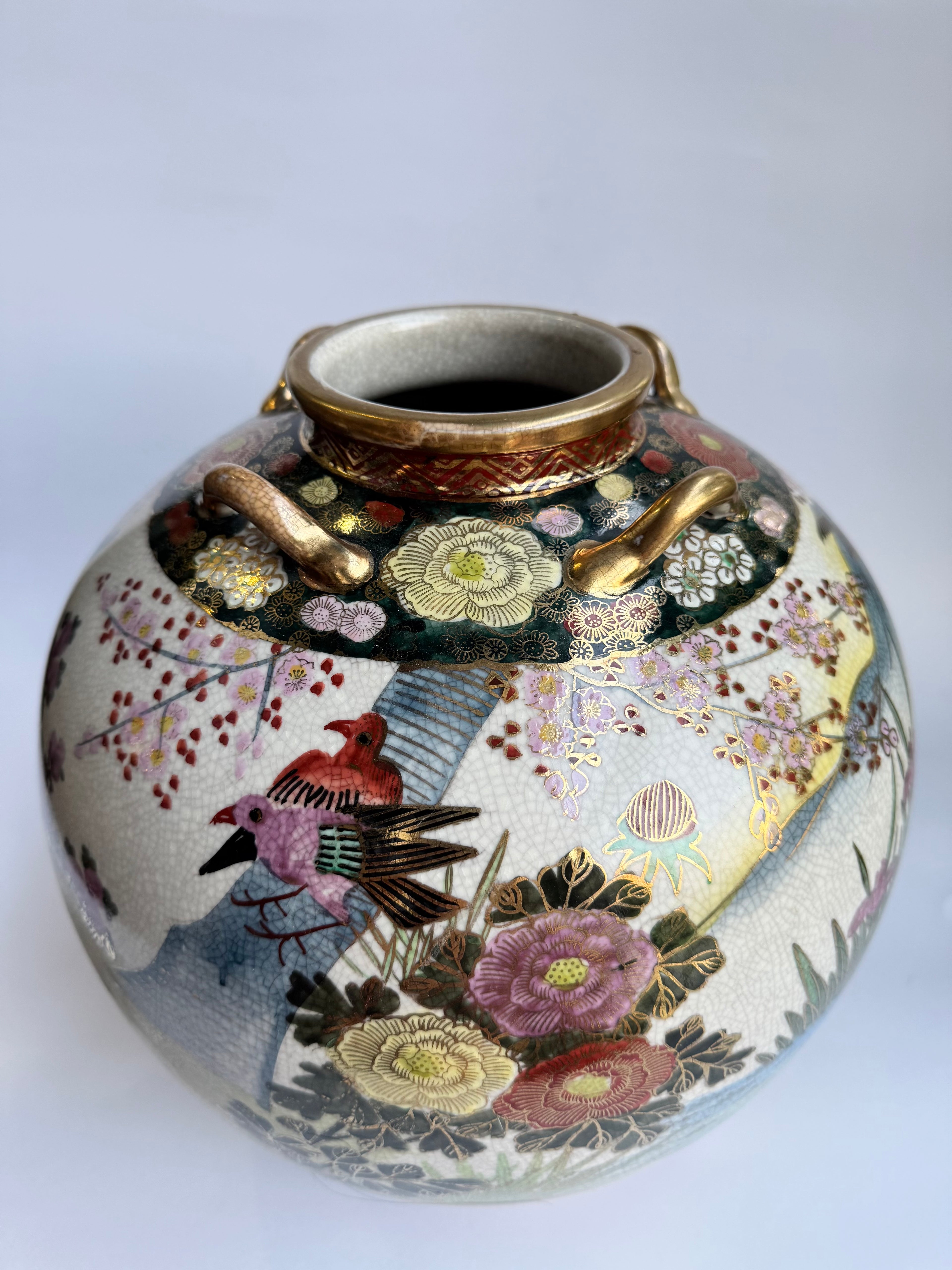 Satsuma Vase - Meiji-Style Japanese Pottery with Gold Gilt and Crackle Glaze