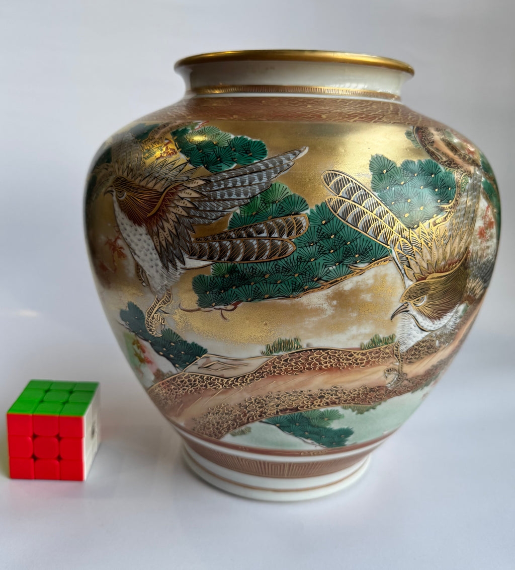 Kutani Gold Vase with Hawk & Pine | Premium Vintage Japanese Art