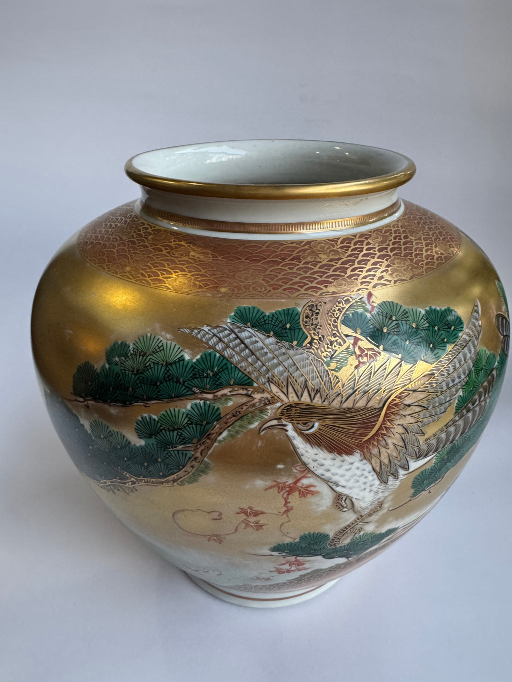 Kutani Gold Vase with Hawk & Pine | Premium Vintage Japanese Art