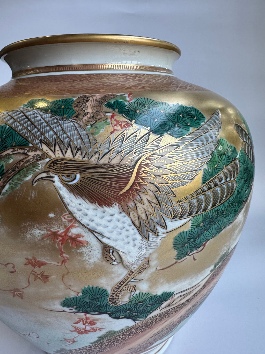 Kutani Gold Vase with Hawk & Pine | Premium Vintage Japanese Art