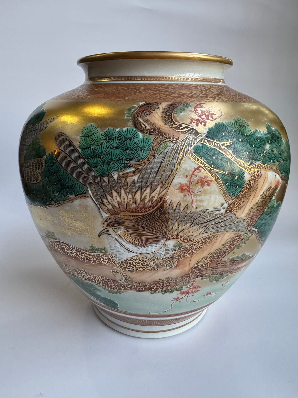 Kutani Gold Vase with Hawk & Pine | Premium Vintage Japanese Art