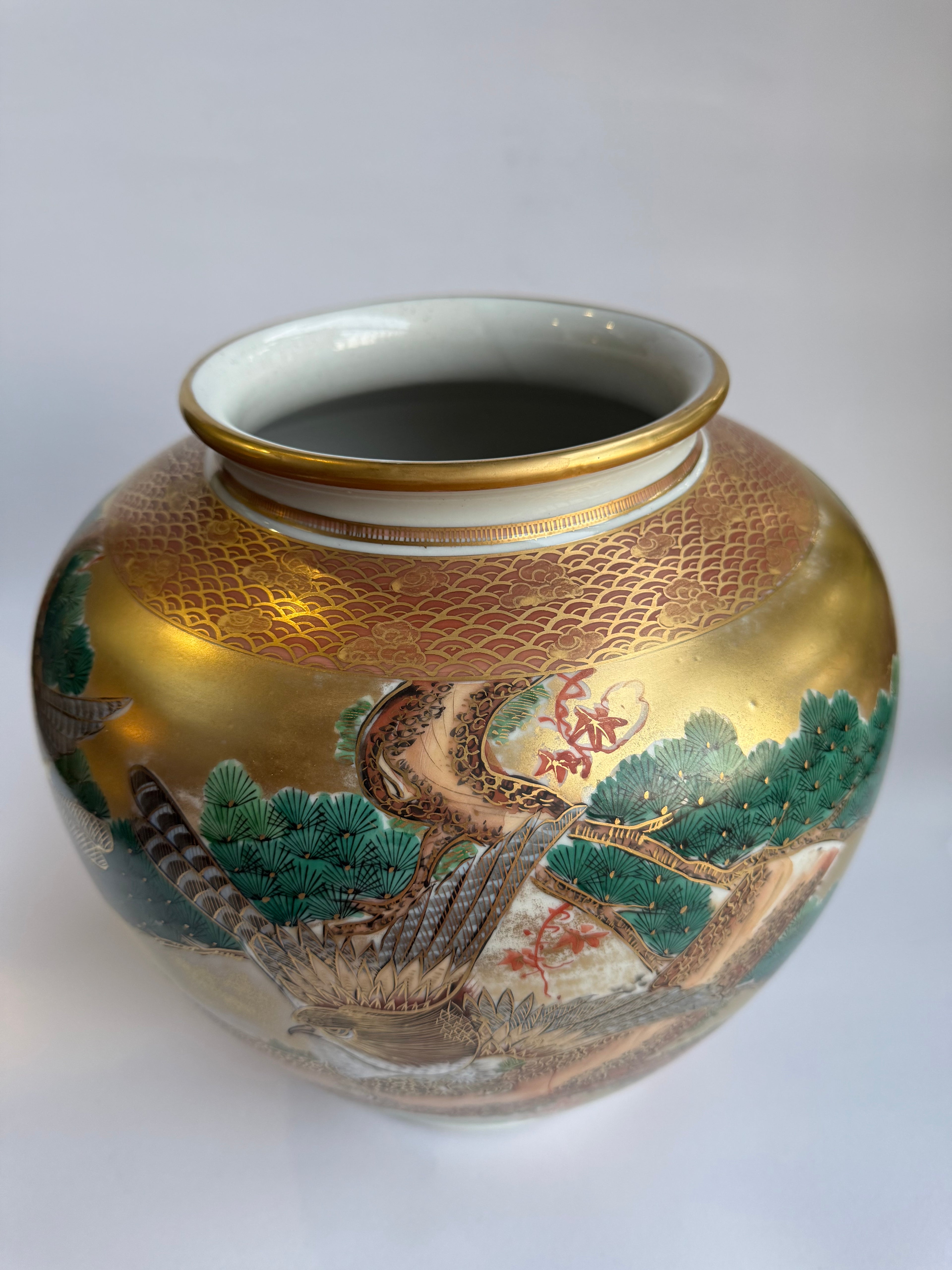 Kutani Gold Vase with Hawk & Pine | Premium Vintage Japanese Art