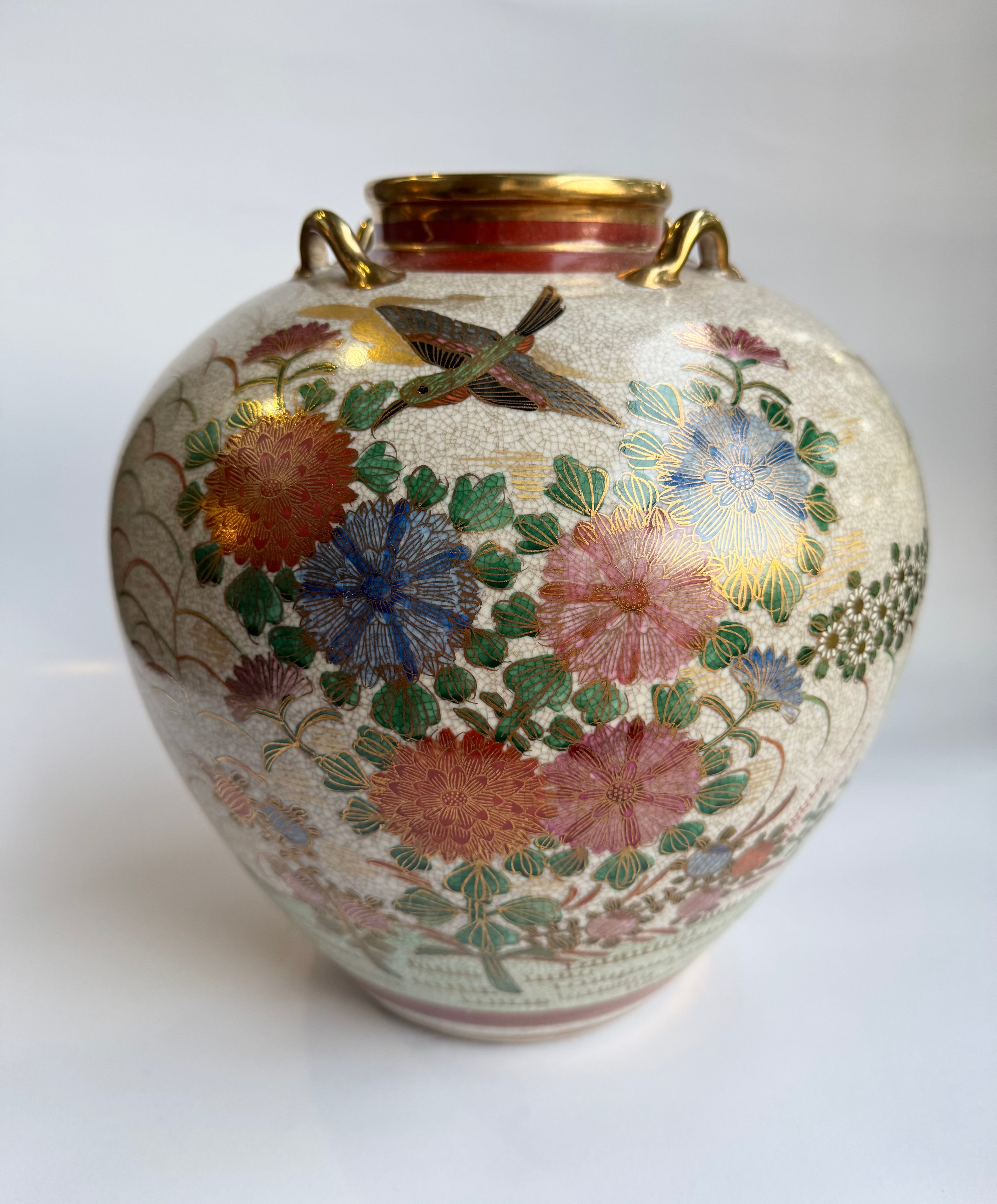 Satsuma Meiji Vase with Handles | Hand-Painted Floral & Bird Art