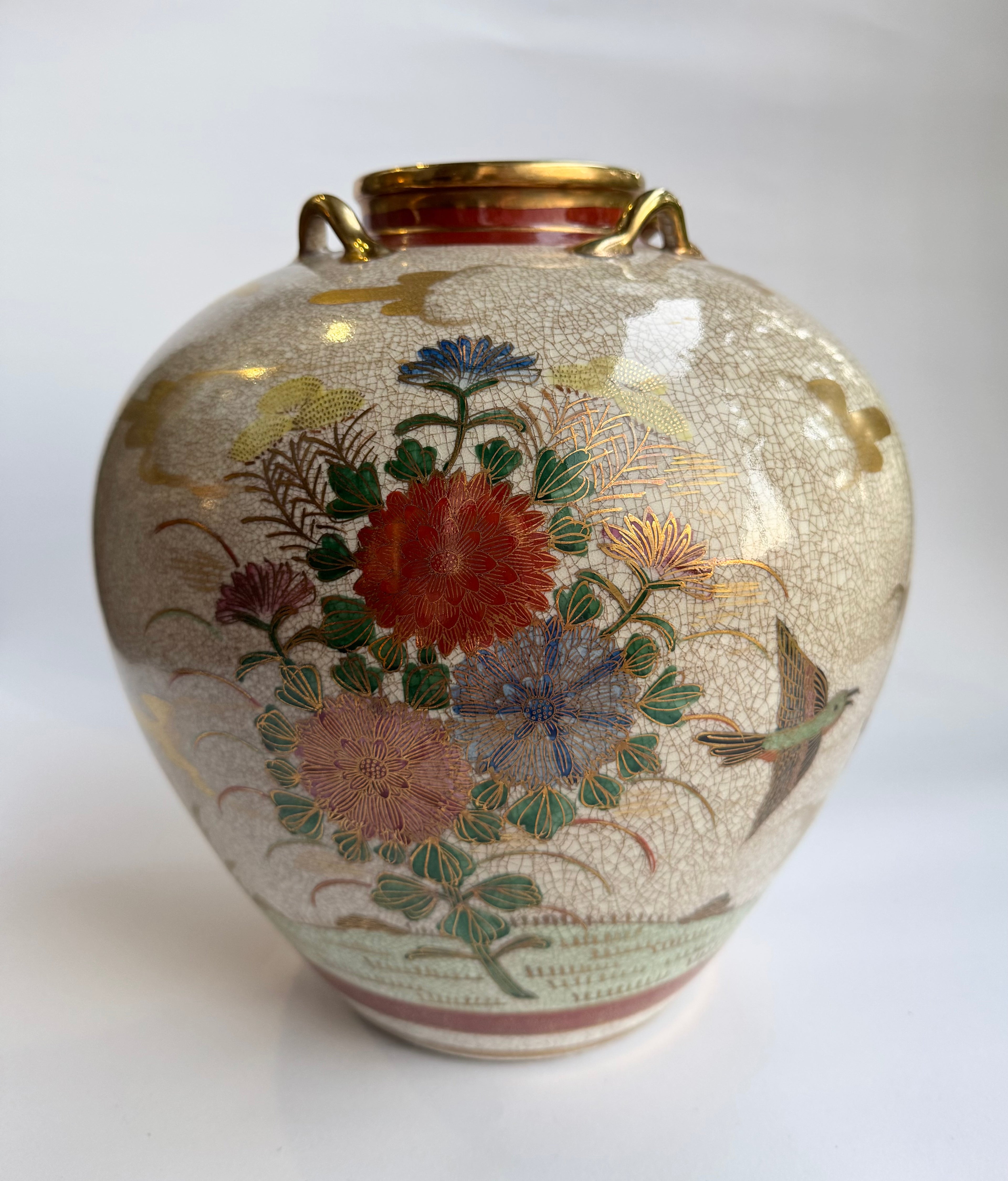 Satsuma Meiji Vase with Handles | Hand-Painted Floral & Bird Art