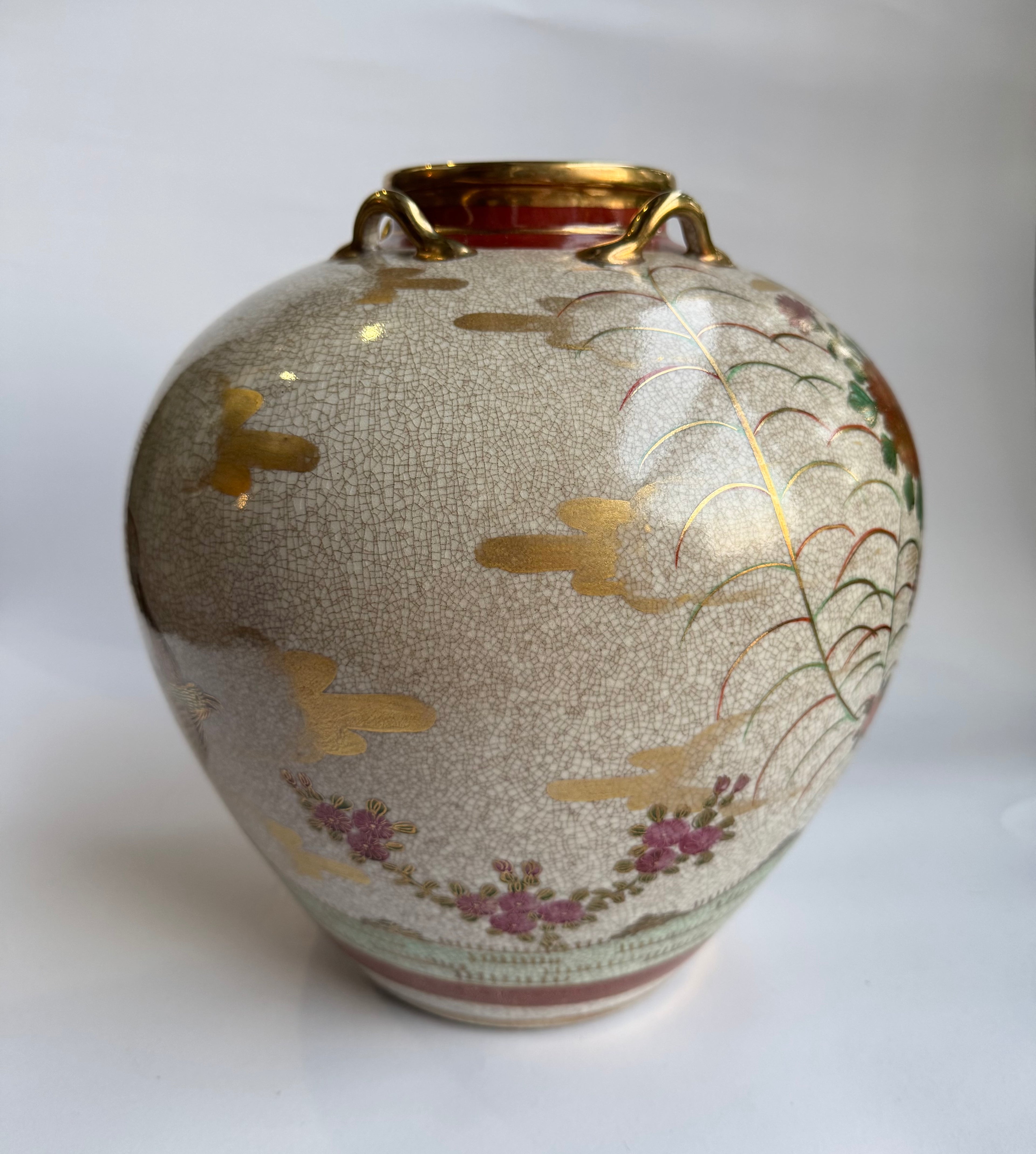 Satsuma Meiji Vase with Handles | Hand-Painted Floral & Bird Art