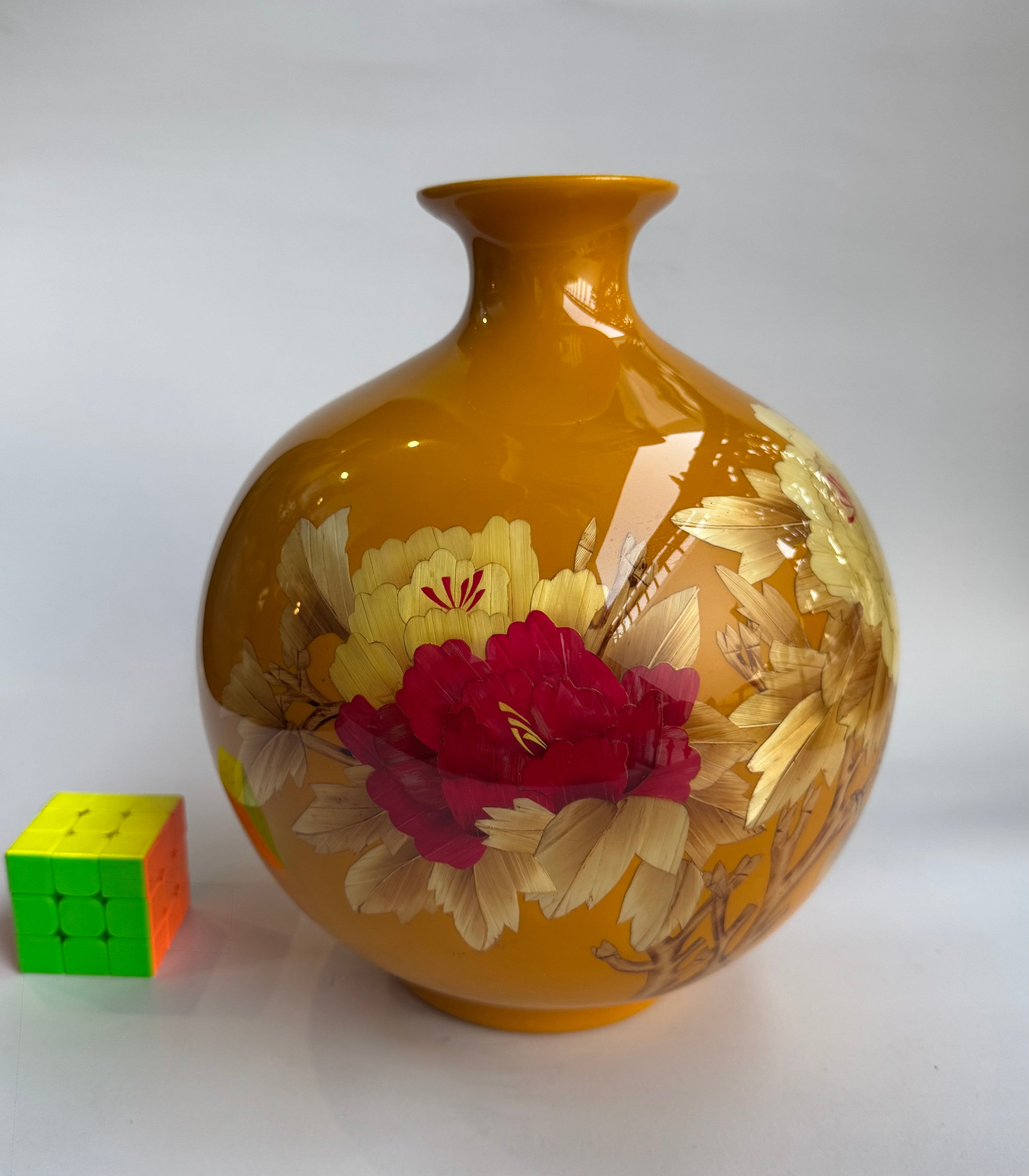 Vintage Vase - Under-Glaze Floral Art | Glossy Yellow Porcelain | Premium Home Decor