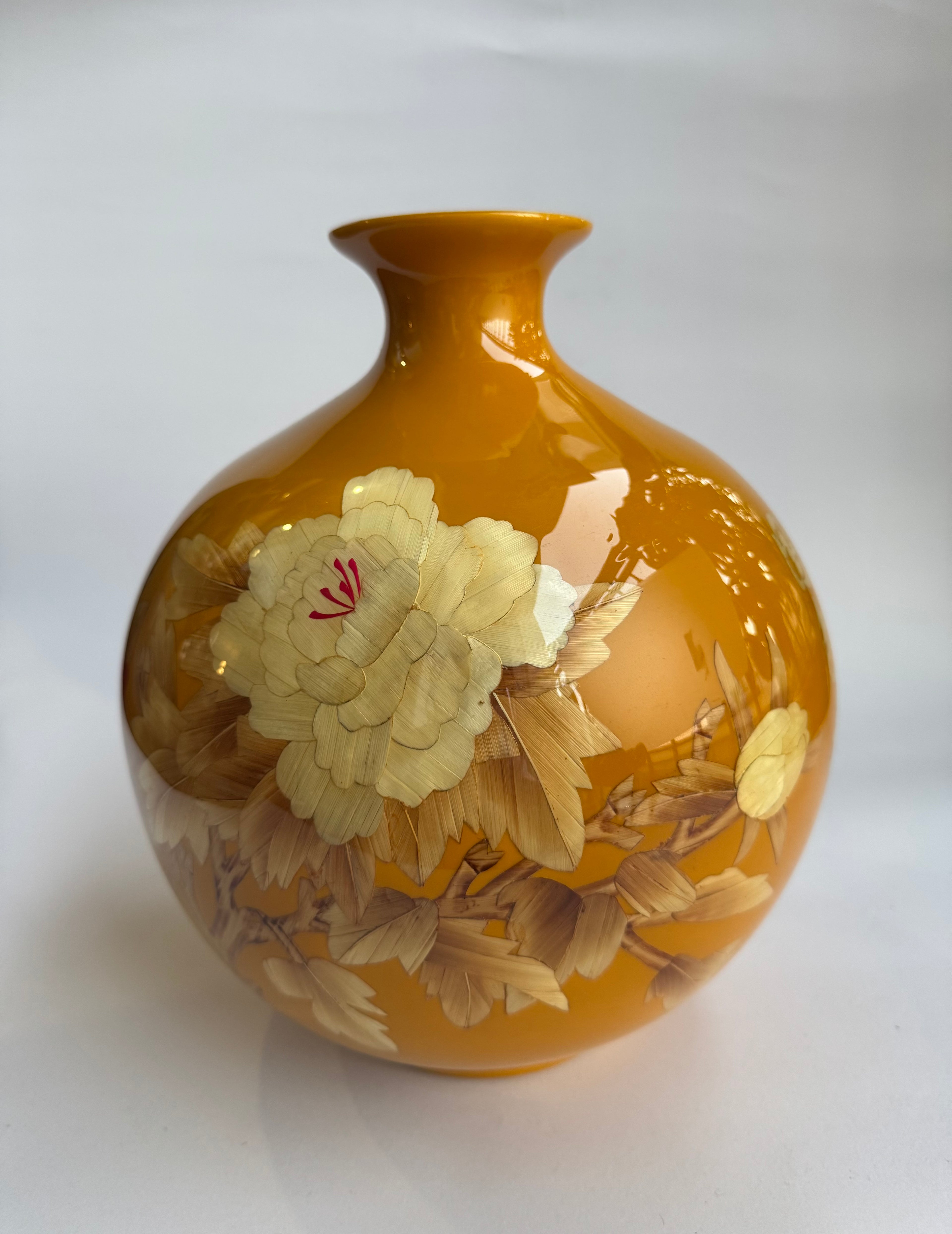 Vintage Vase - Under-Glaze Floral Art | Glossy Yellow Porcelain | Premium Home Decor