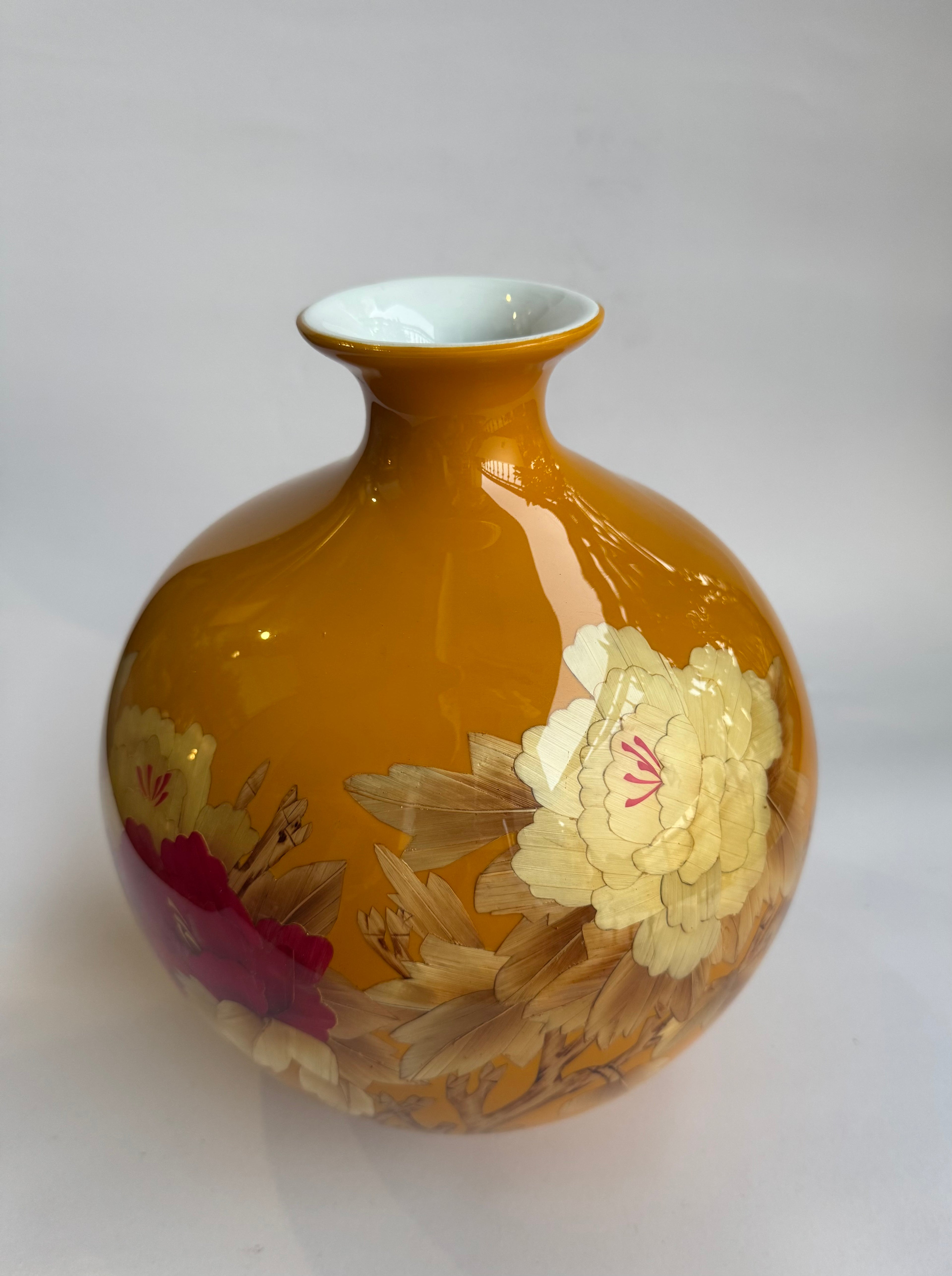 Vintage Vase - Under-Glaze Floral Art | Glossy Yellow Porcelain | Premium Home Decor