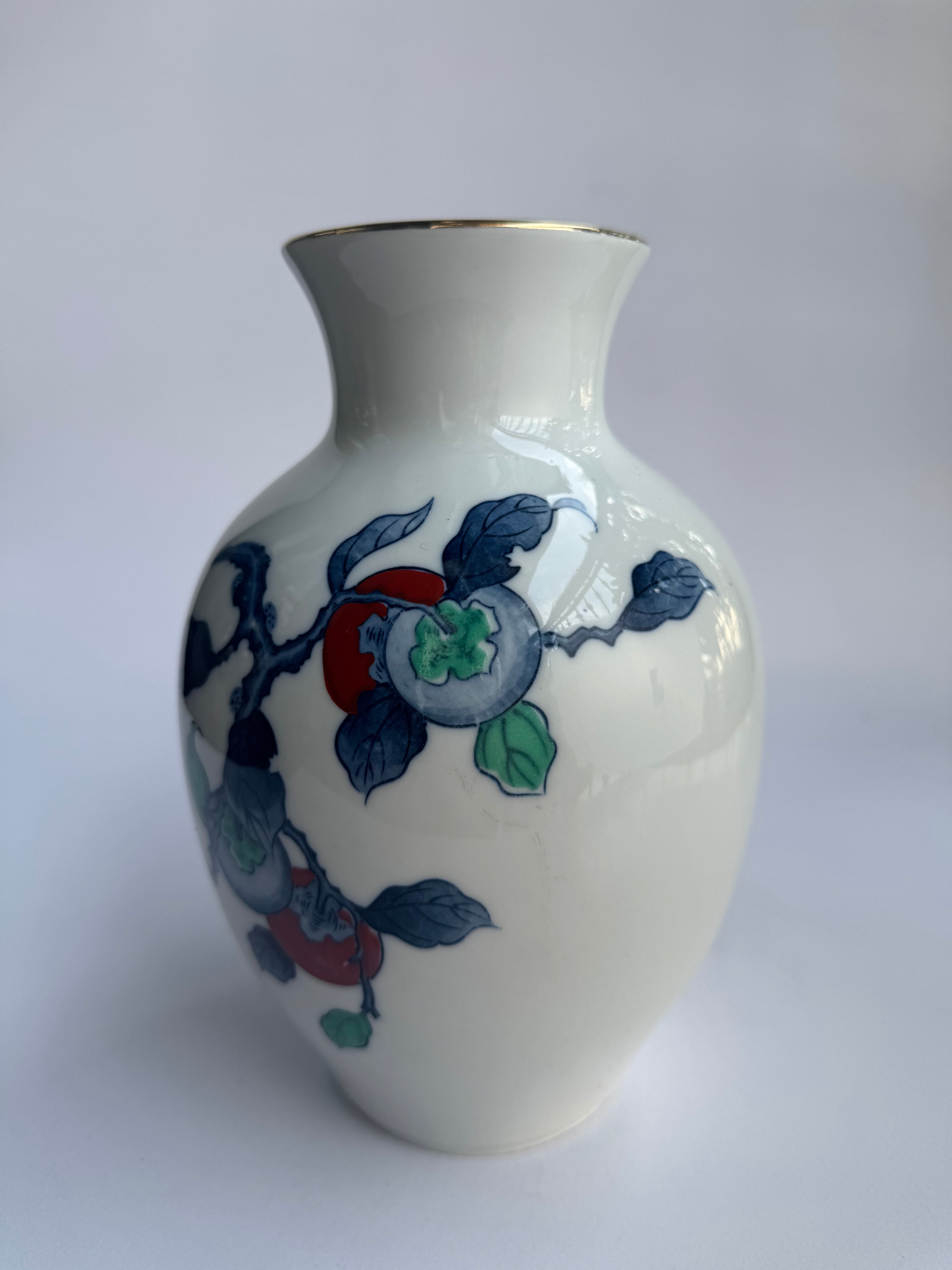 Arita White Vase | Japanese Porcelain with Hand-Painted Fruit & Leaf Motif