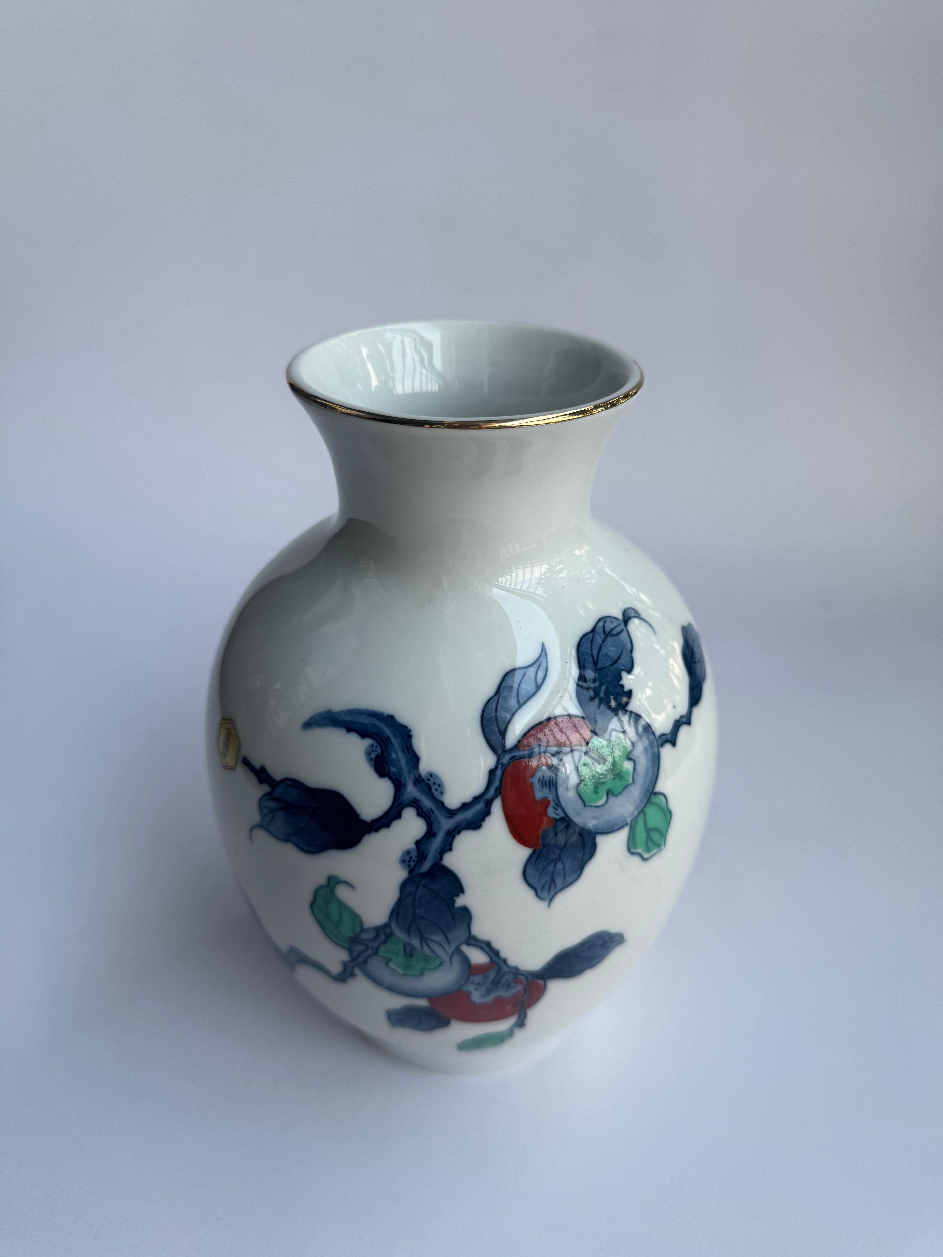 Arita White Vase | Japanese Porcelain with Hand-Painted Fruit & Leaf Motif