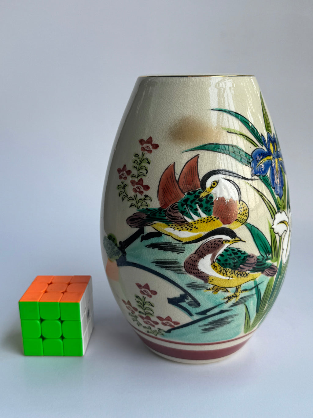 Kutani Vase - Irises & Mandarin Ducks, Vintage Japanese Porcelain