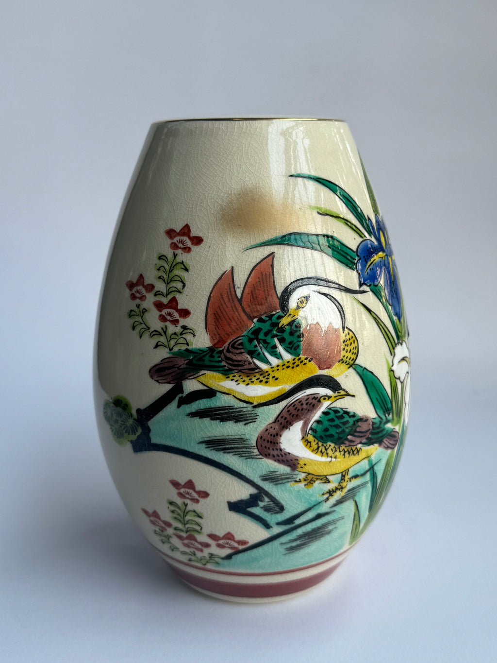 Kutani Vase - Irises & Mandarin Ducks, Vintage Japanese Porcelain
