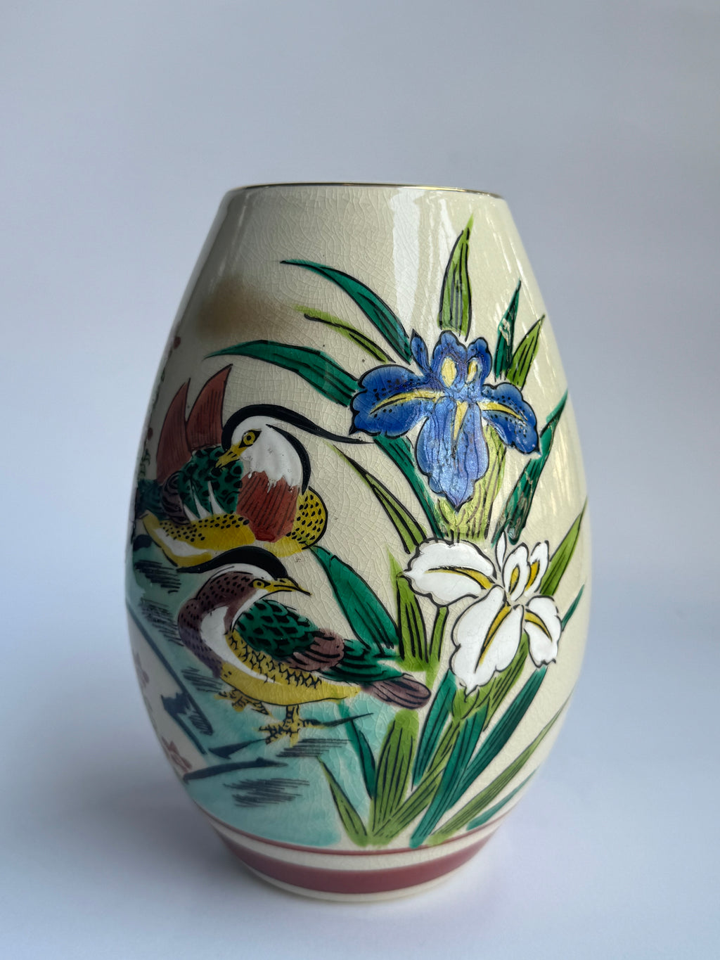 Kutani Vase - Irises & Mandarin Ducks, Vintage Japanese Porcelain