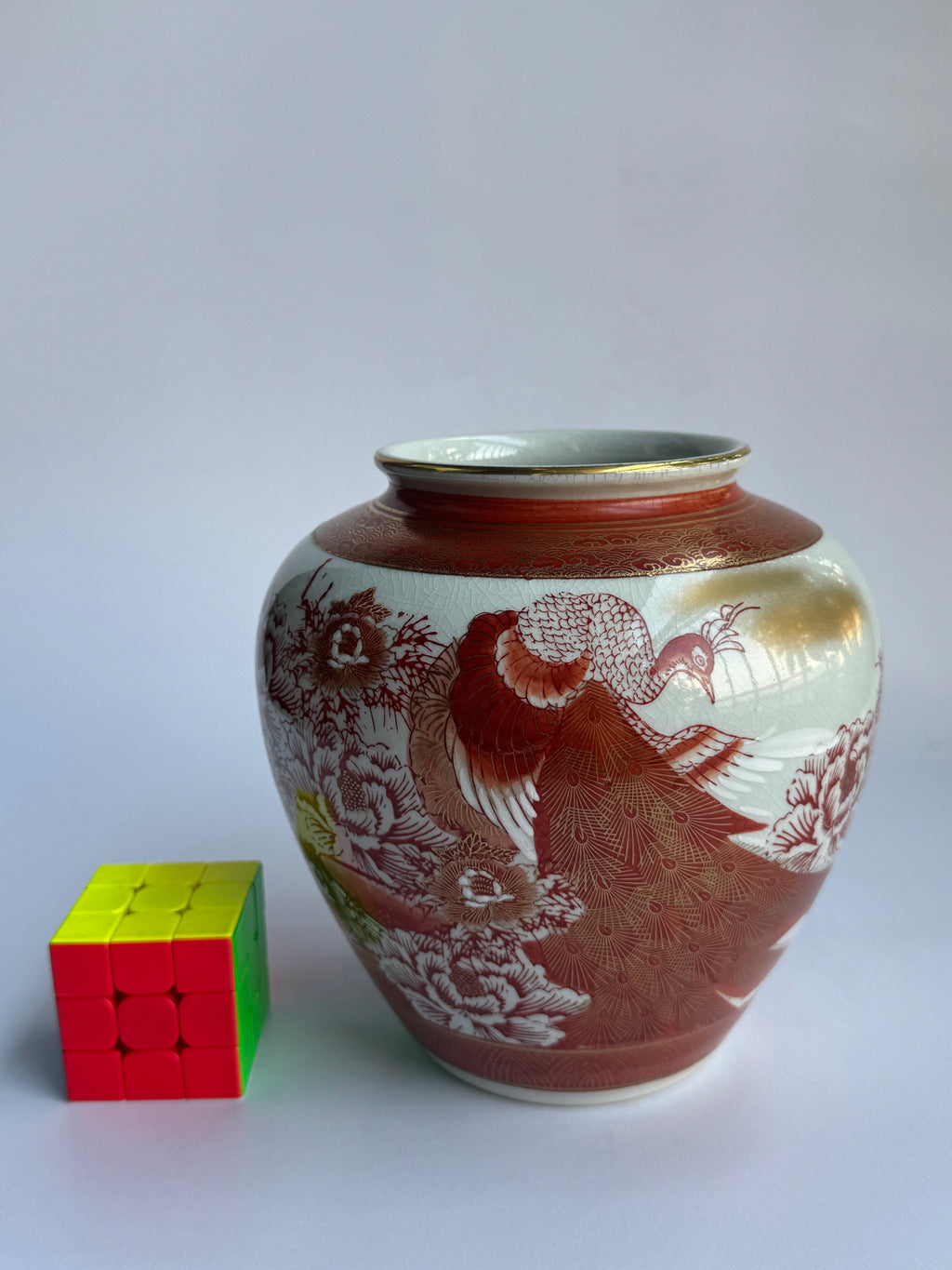 Vintage Kutani Vase - Red Glaze Hand-Painted Japanese Porcelain