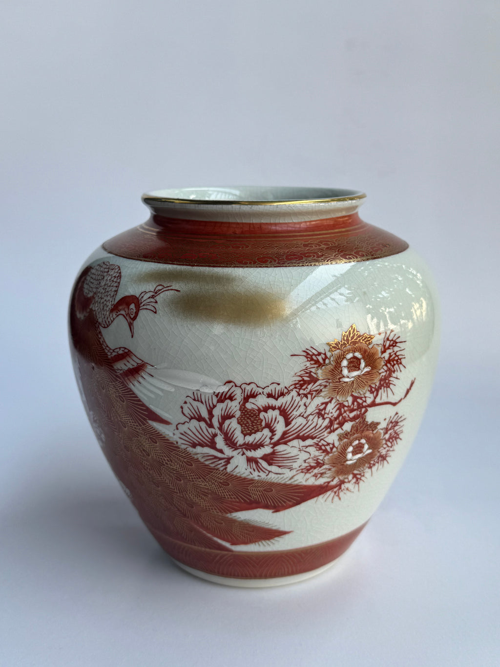Vintage Kutani Vase - Red Glaze Hand-Painted Japanese Porcelain