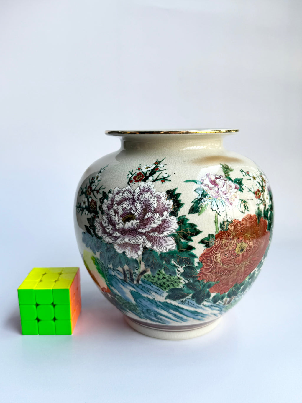 Kutani Peony Vase . Hand-Painted Large Pink & Red Peony Blossoms . Japanese Vintage Art Pottery