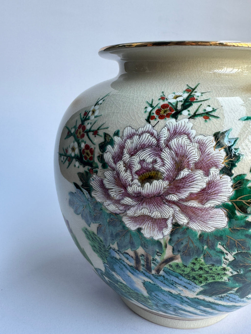 Kutani Peony Vase . Hand-Painted Large Pink & Red Peony Blossoms . Japanese Vintage Art Pottery