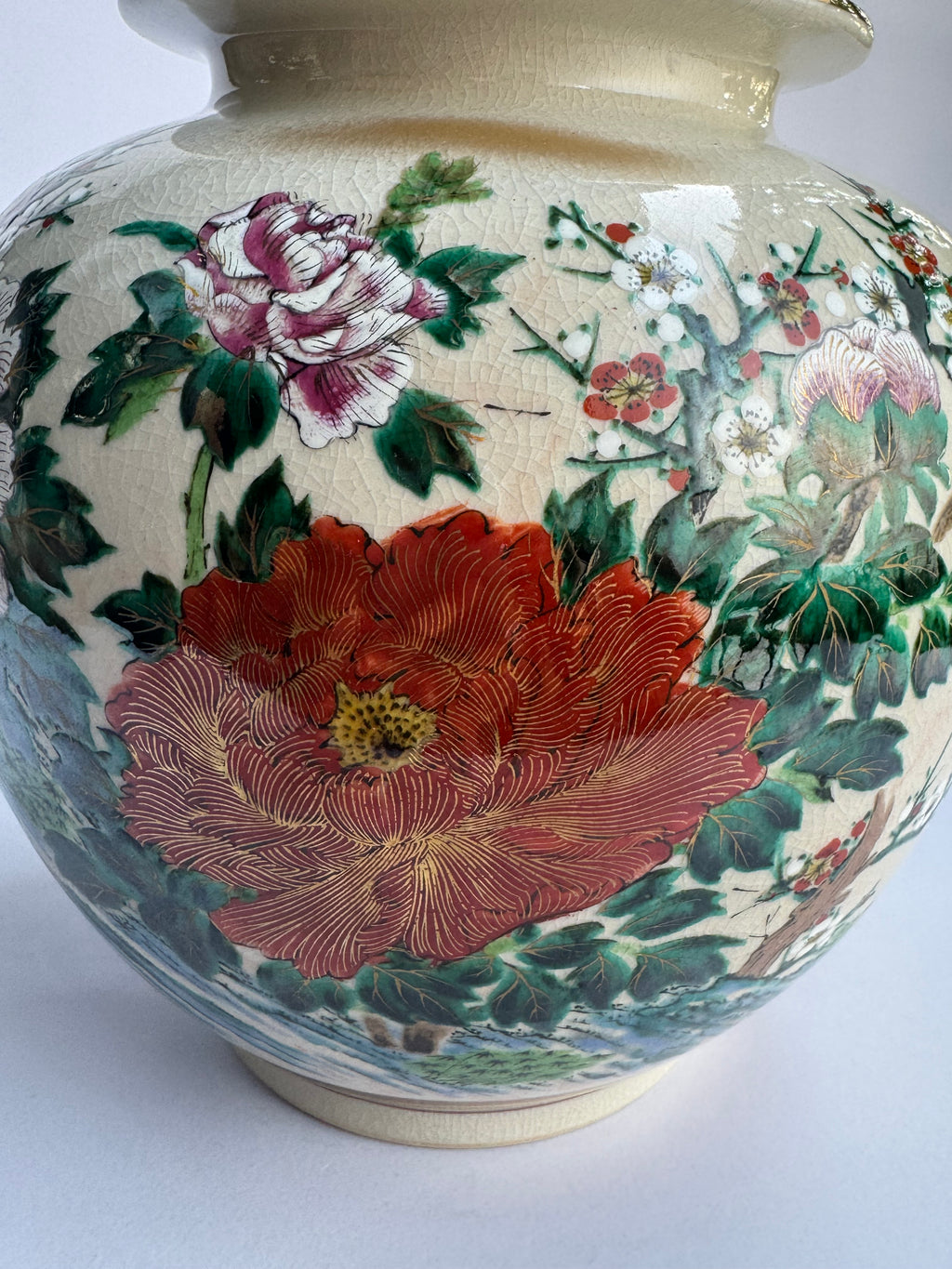 Kutani Peony Vase . Hand-Painted Large Pink & Red Peony Blossoms . Japanese Vintage Art Pottery