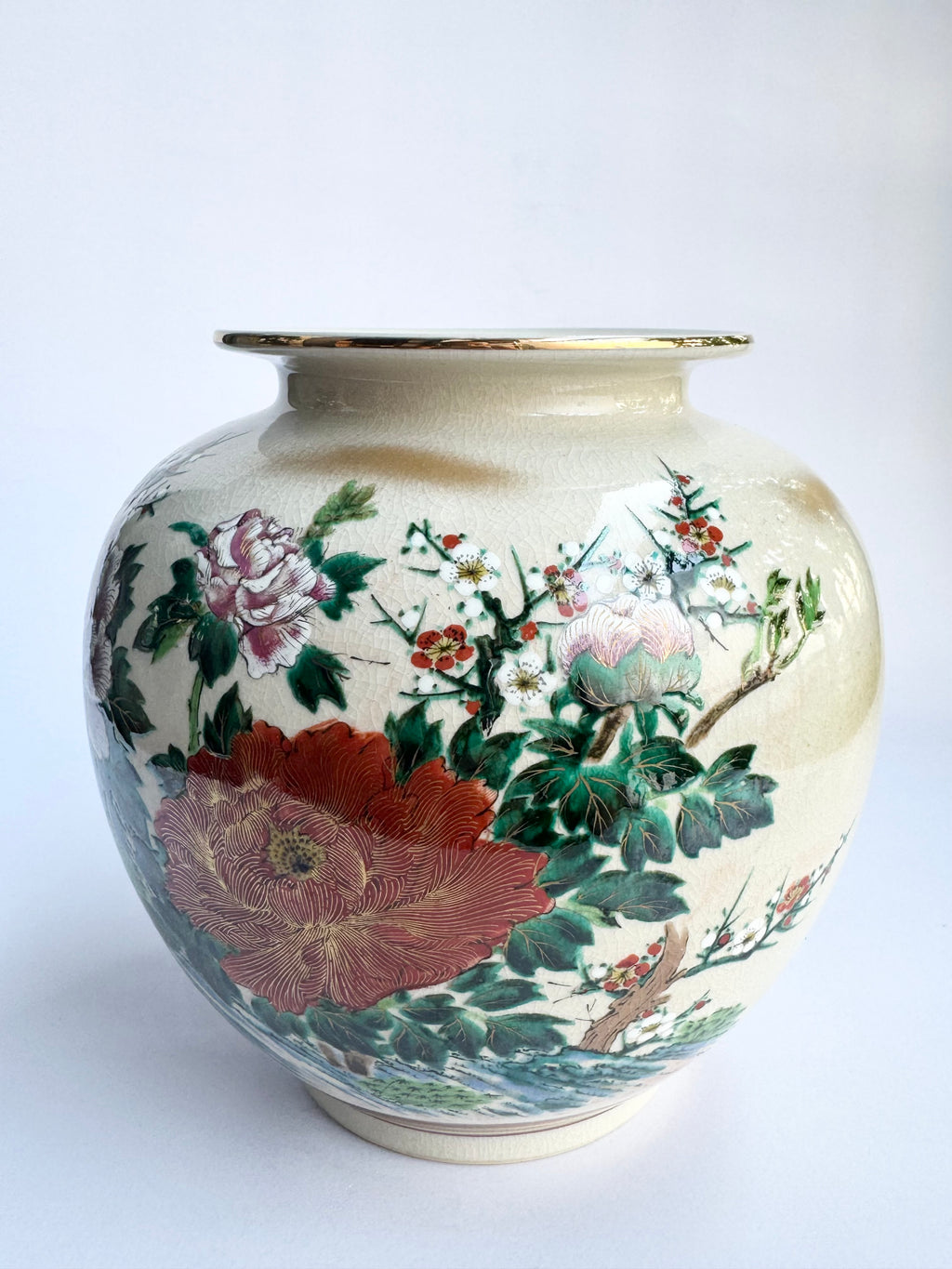 Kutani Peony Vase . Hand-Painted Large Pink & Red Peony Blossoms . Japanese Vintage Art Pottery