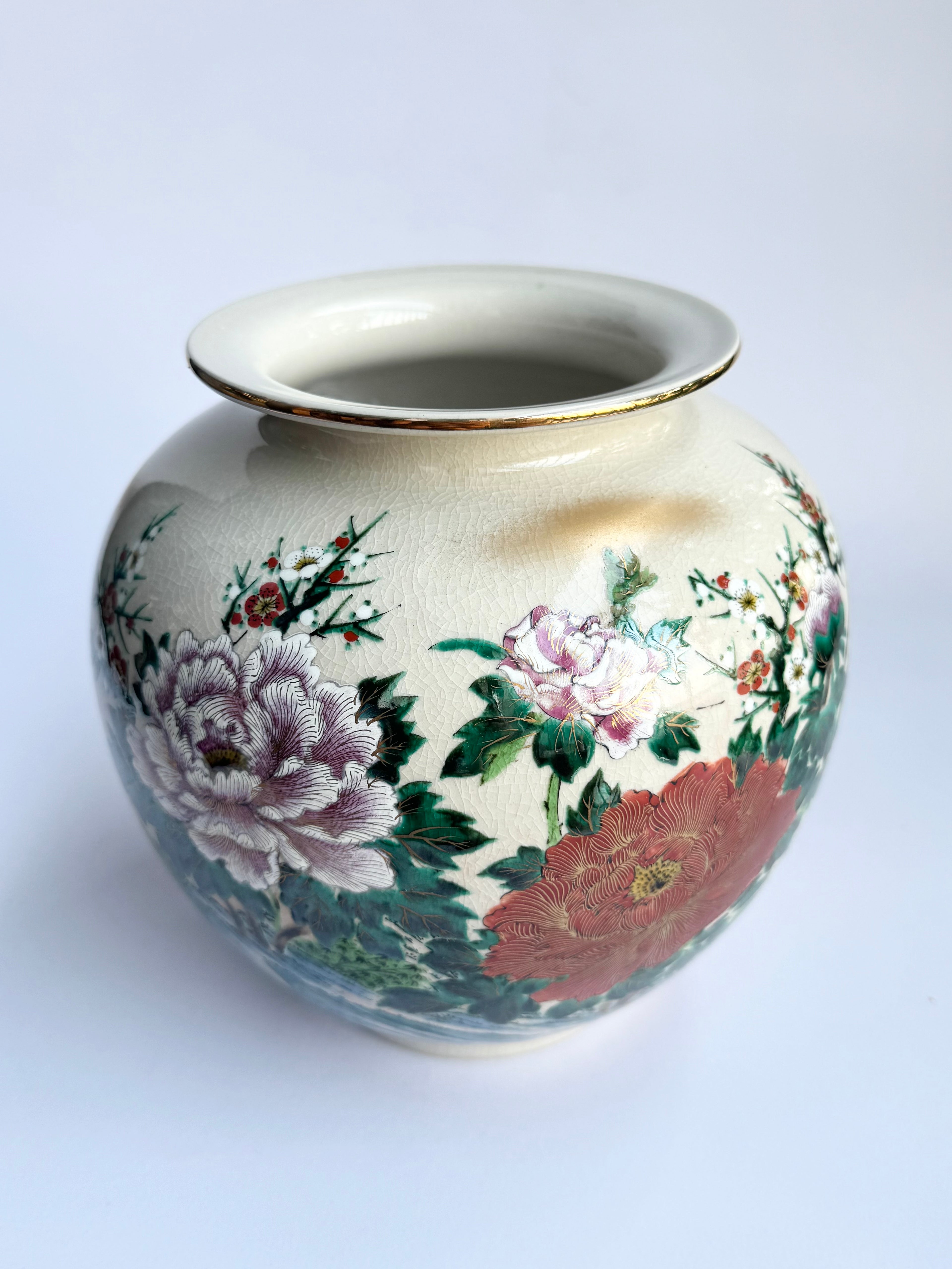Kutani Peony Vase . Hand-Painted Large Pink & Red Peony Blossoms . Japanese Vintage Art Pottery