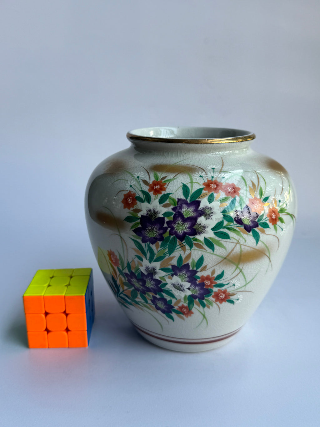 Kutani Small Purple Floral Vase , Hand-Painted Japanese Vintage Ceramic Art