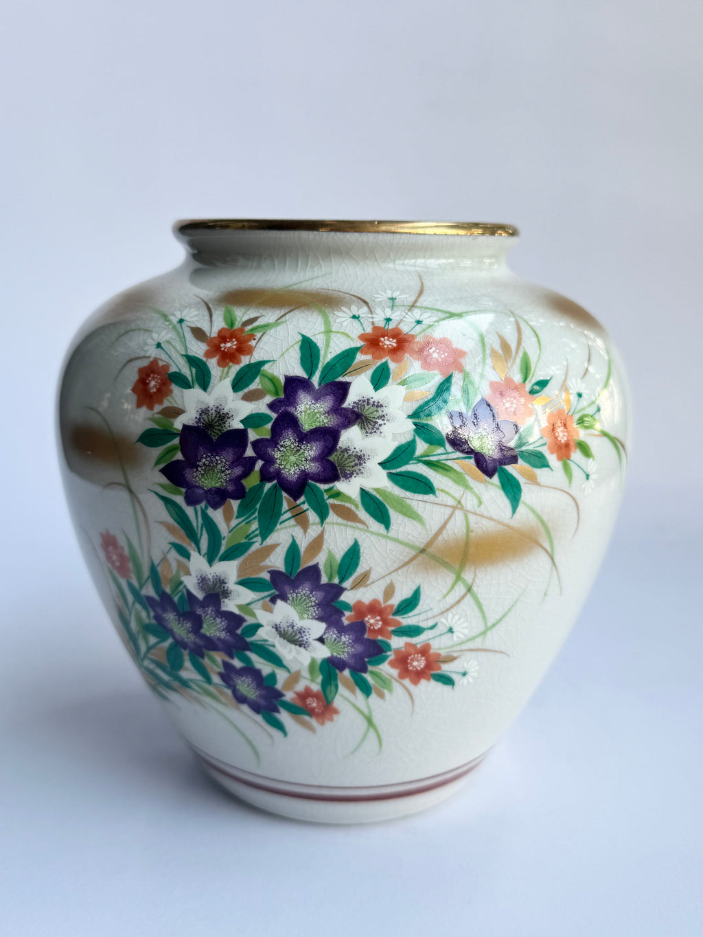 Kutani Small Purple Floral Vase , Hand-Painted Japanese Vintage Ceramic Art