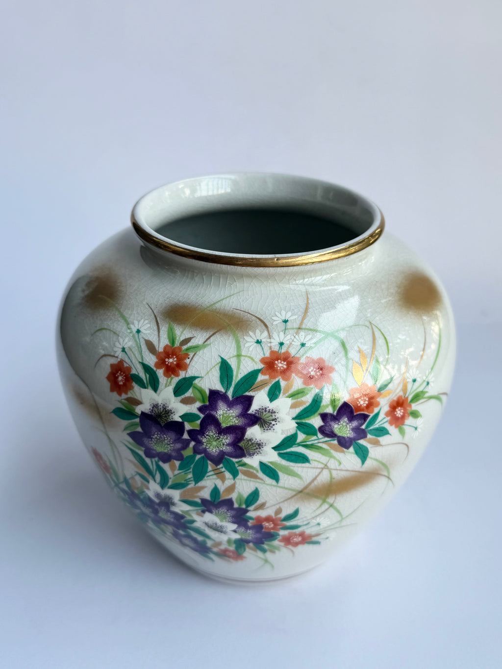 Kutani Small Purple Floral Vase , Hand-Painted Japanese Vintage Ceramic Art