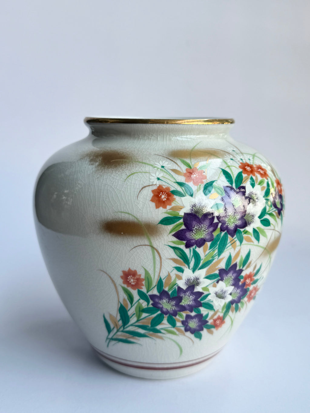 Kutani Small Purple Floral Vase , Hand-Painted Japanese Vintage Ceramic Art