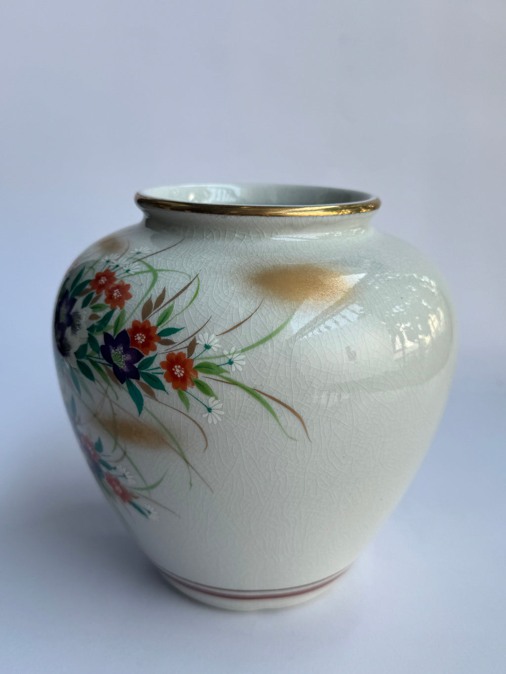 Kutani Small Purple Floral Vase , Hand-Painted Japanese Vintage Ceramic Art