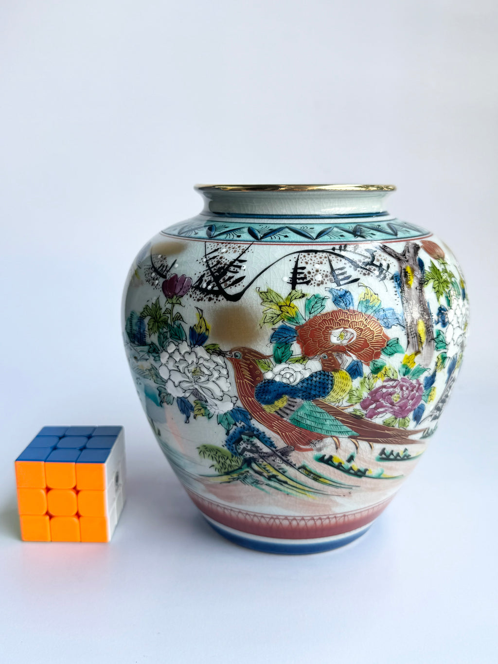 Kutani Bird & Floral Vase . Hand-Painted Japanese Vintage Art Pottery