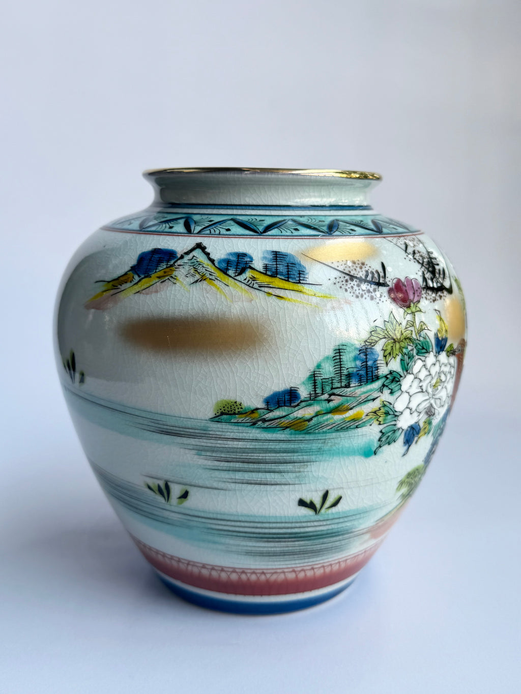Kutani Bird & Floral Vase . Hand-Painted Japanese Vintage Art Pottery