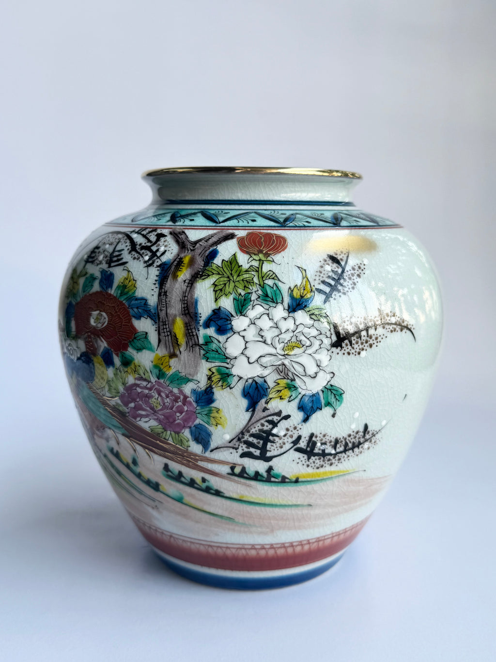 Kutani Bird & Floral Vase . Hand-Painted Japanese Vintage Art Pottery