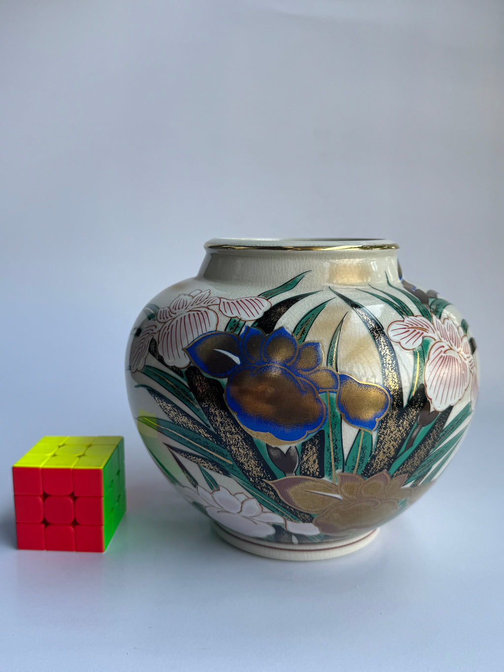 Kutani Vase with Golden Iris . Hand-Painted Japanese Art Pottery