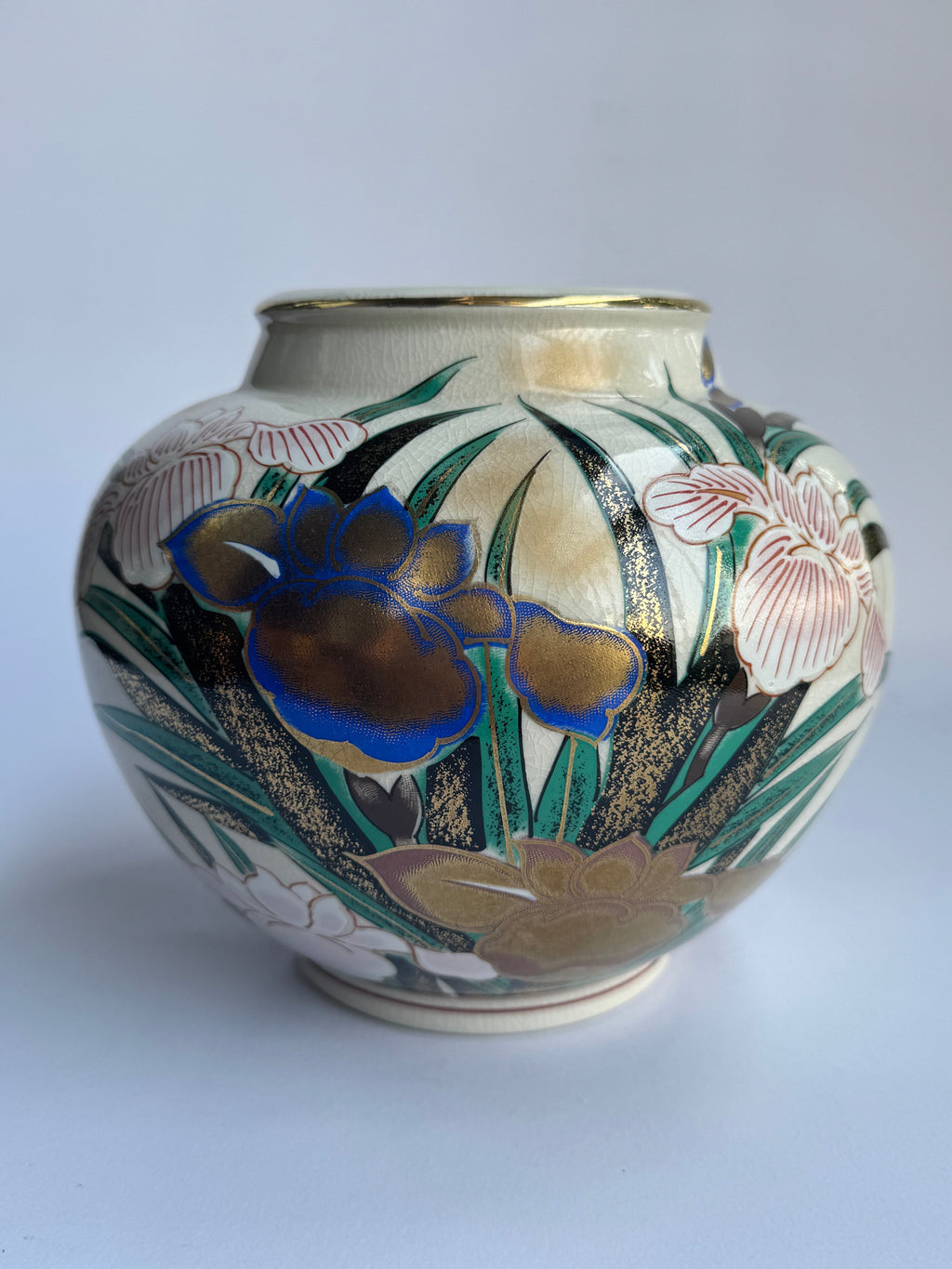 Kutani Vase with Golden Iris . Hand-Painted Japanese Art Pottery