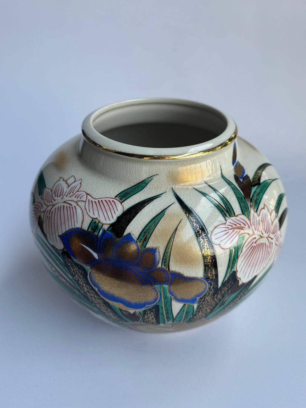 Kutani Vase with Golden Iris . Hand-Painted Japanese Art Pottery