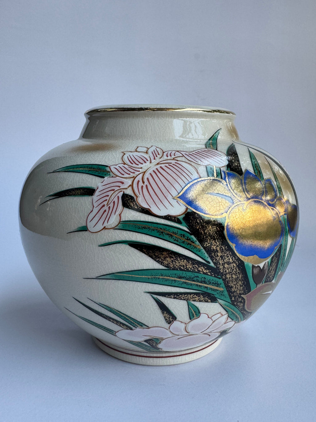 Kutani Vase with Golden Iris . Hand-Painted Japanese Art Pottery