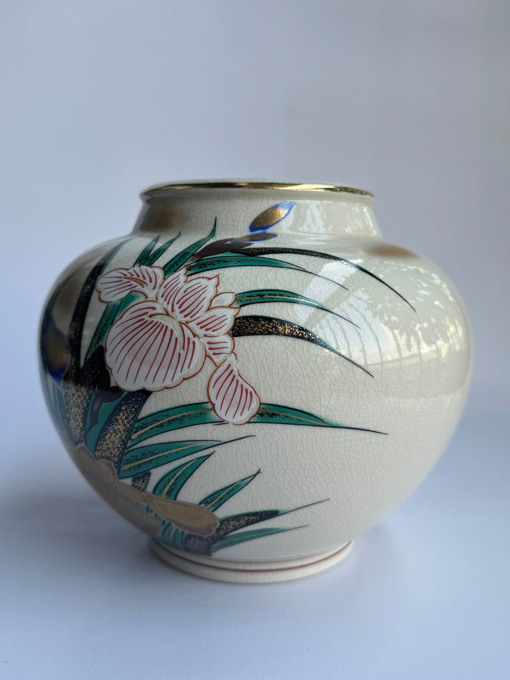 Kutani Vase with Golden Iris . Hand-Painted Japanese Art Pottery