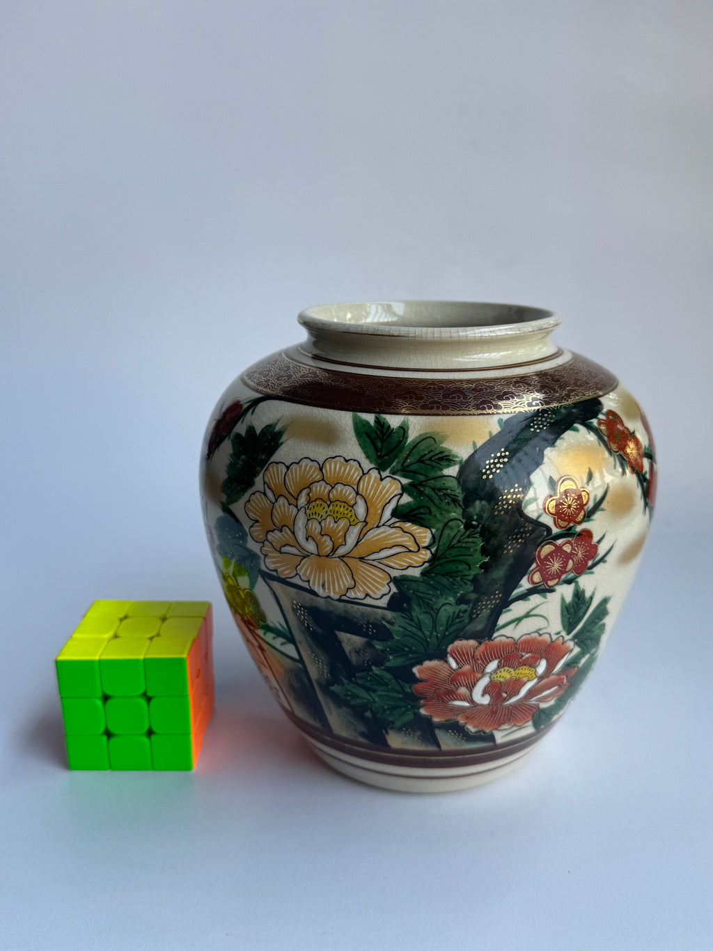 Vintage Kutani Vase with Peony & Red Sakura Blossoms . Hand-Painted Japanese Ceramic Art
