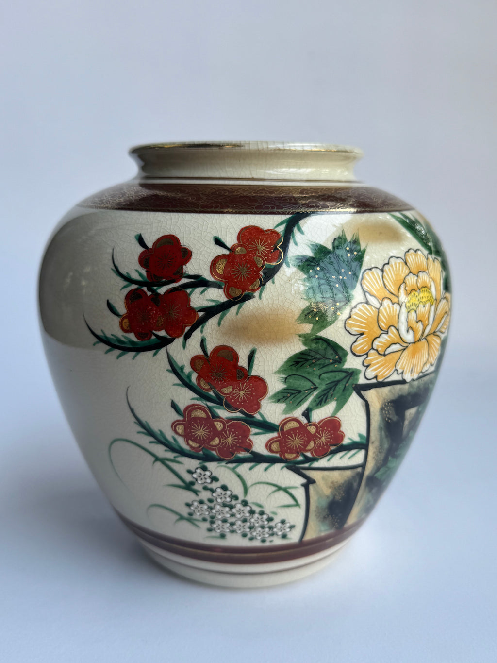 Vintage Kutani Vase with Peony & Red Sakura Blossoms . Hand-Painted Japanese Ceramic Art
