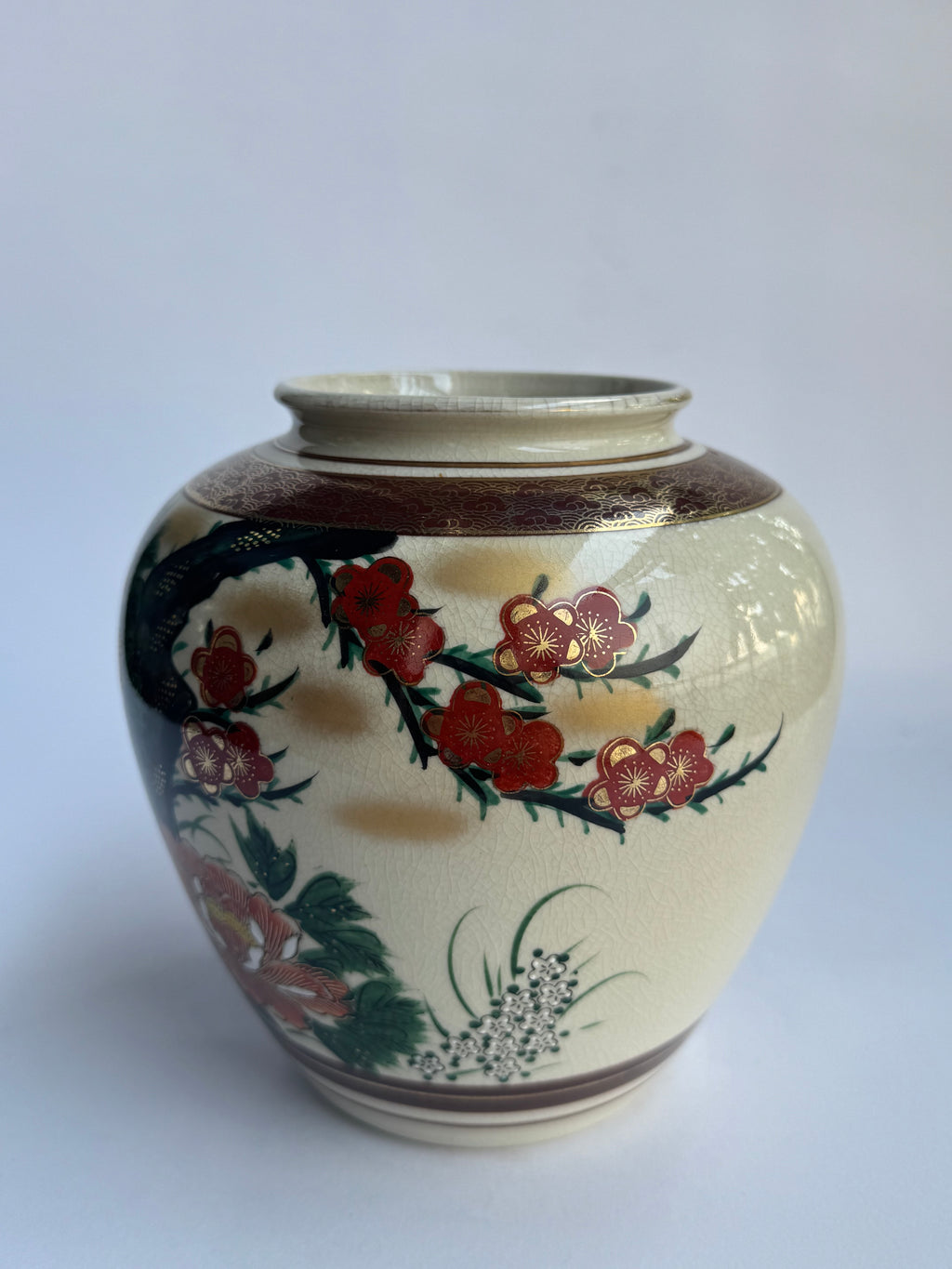 Vintage Kutani Vase with Peony & Red Sakura Blossoms . Hand-Painted Japanese Ceramic Art