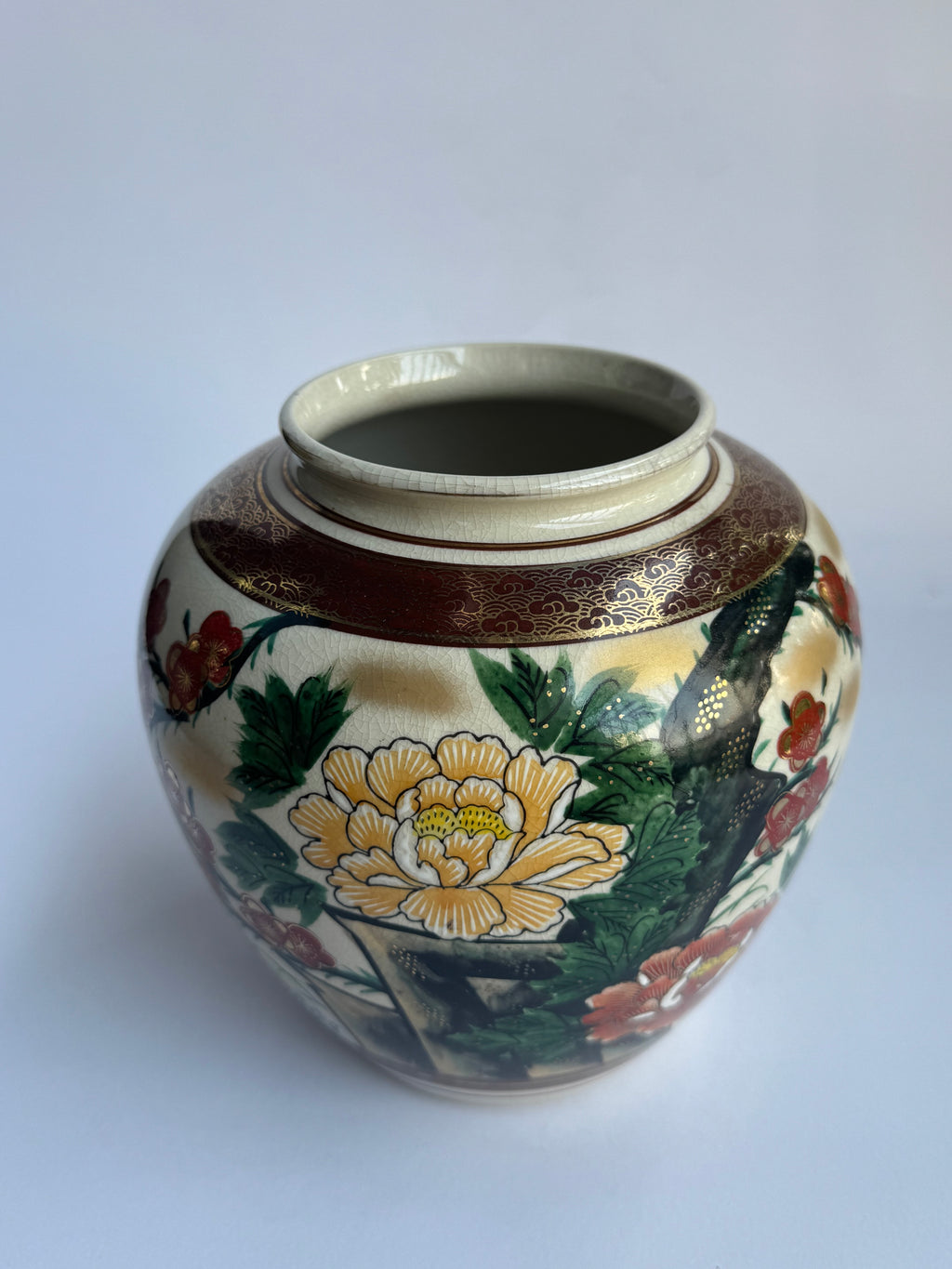 Vintage Kutani Vase with Peony & Red Sakura Blossoms . Hand-Painted Japanese Ceramic Art